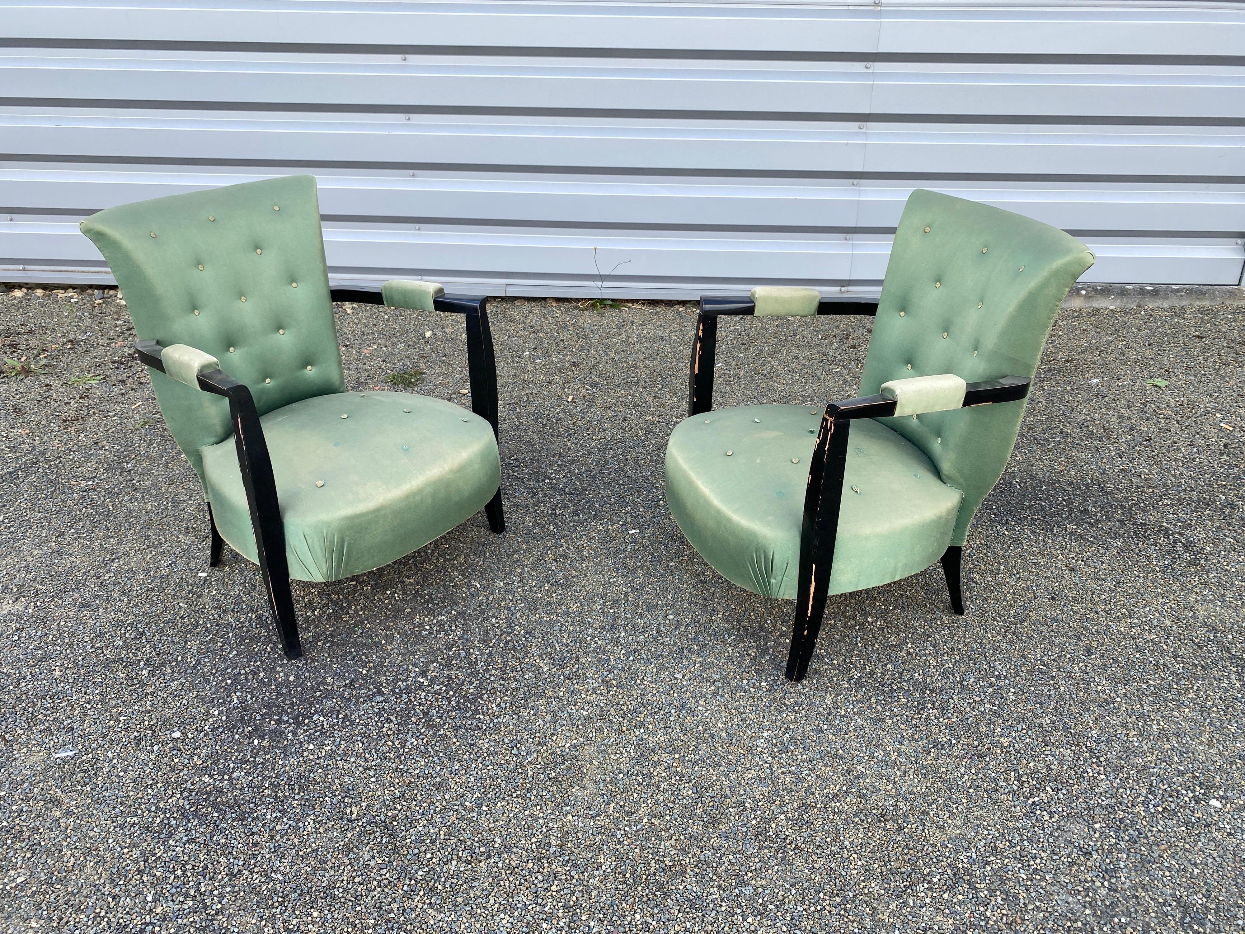 3 Art Deco Armchairs in Blackened Wood, circa 1940 For Sale 2