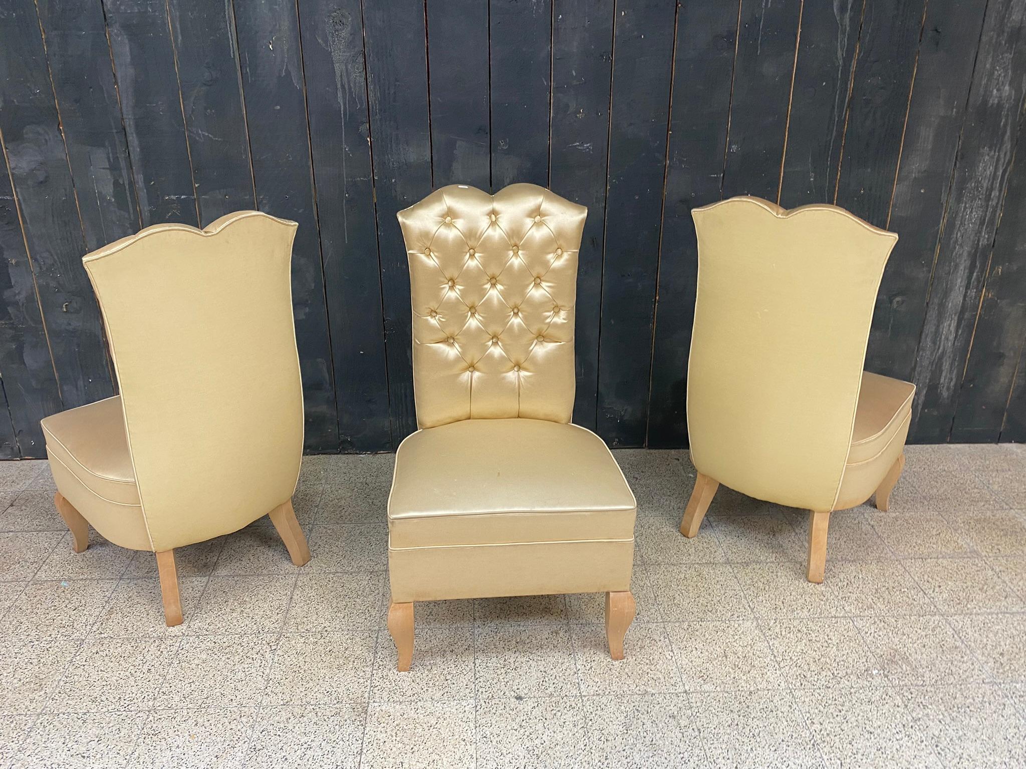 3 art deco bergeres, in sycamore and satin, circa 1950  For Sale 3