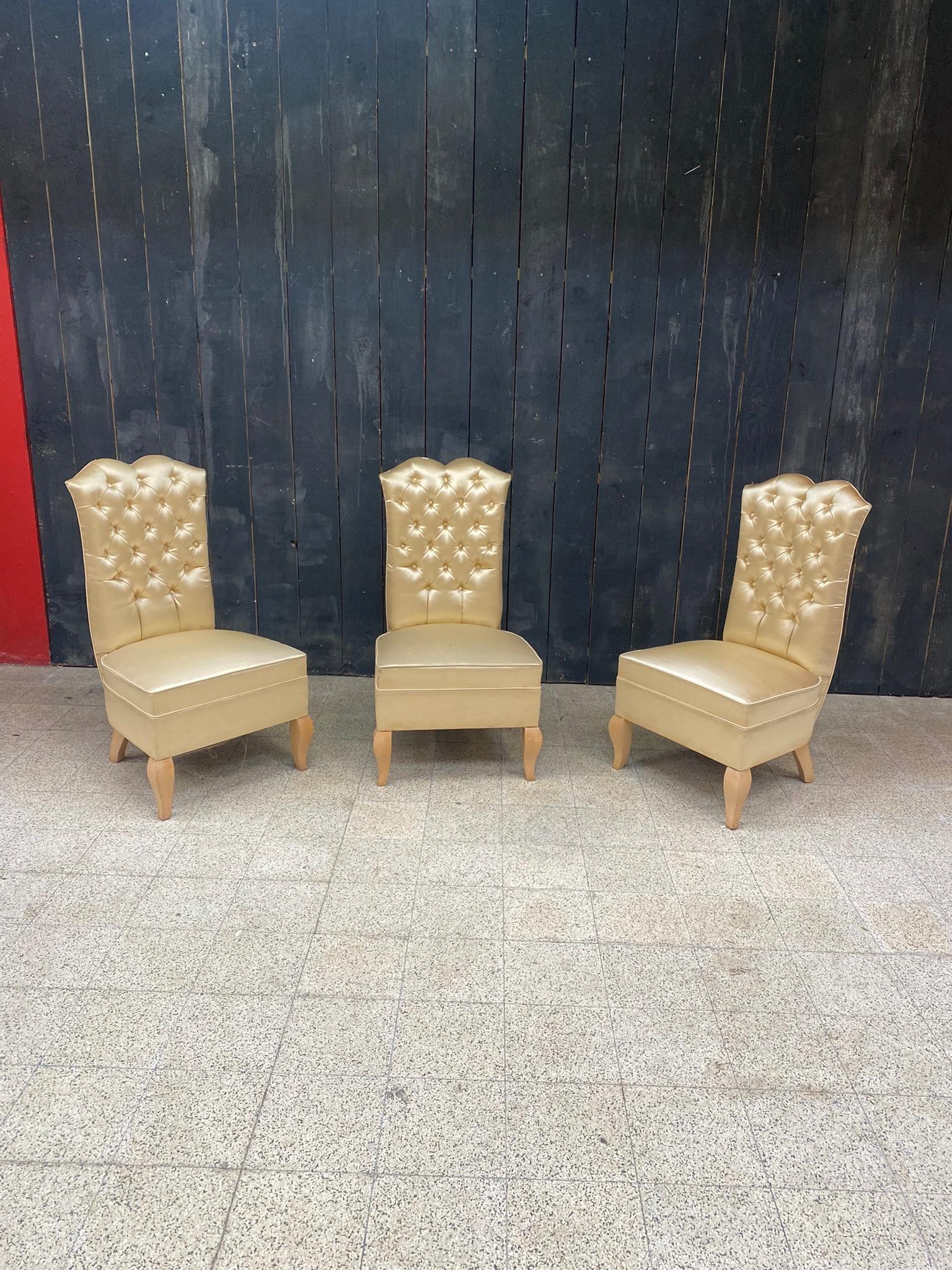 3 art deco bergeres, in sycamore and satin, circa 1950
price is for one, 3 are available