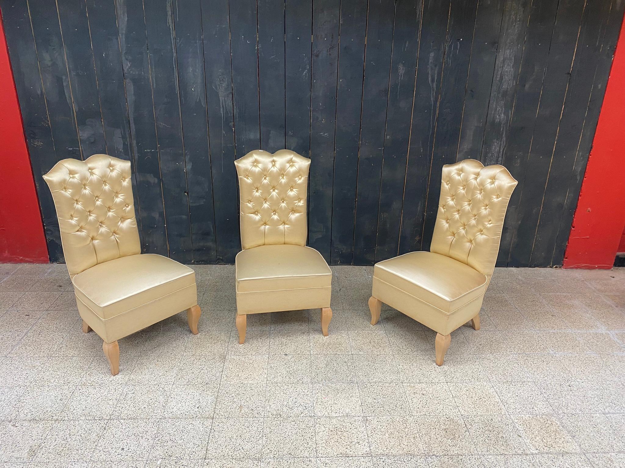 Art Deco 3 art deco bergeres, in sycamore and satin, circa 1950  For Sale