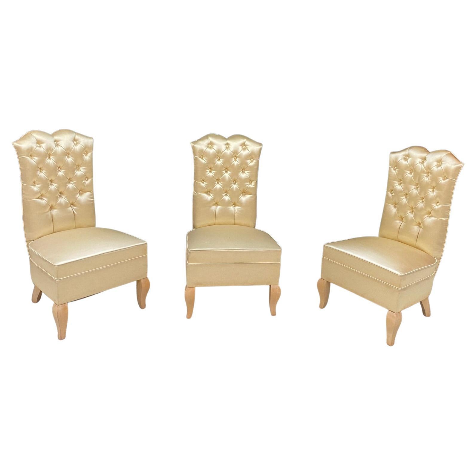 3 art deco bergeres, in sycamore and satin, circa 1950  For Sale