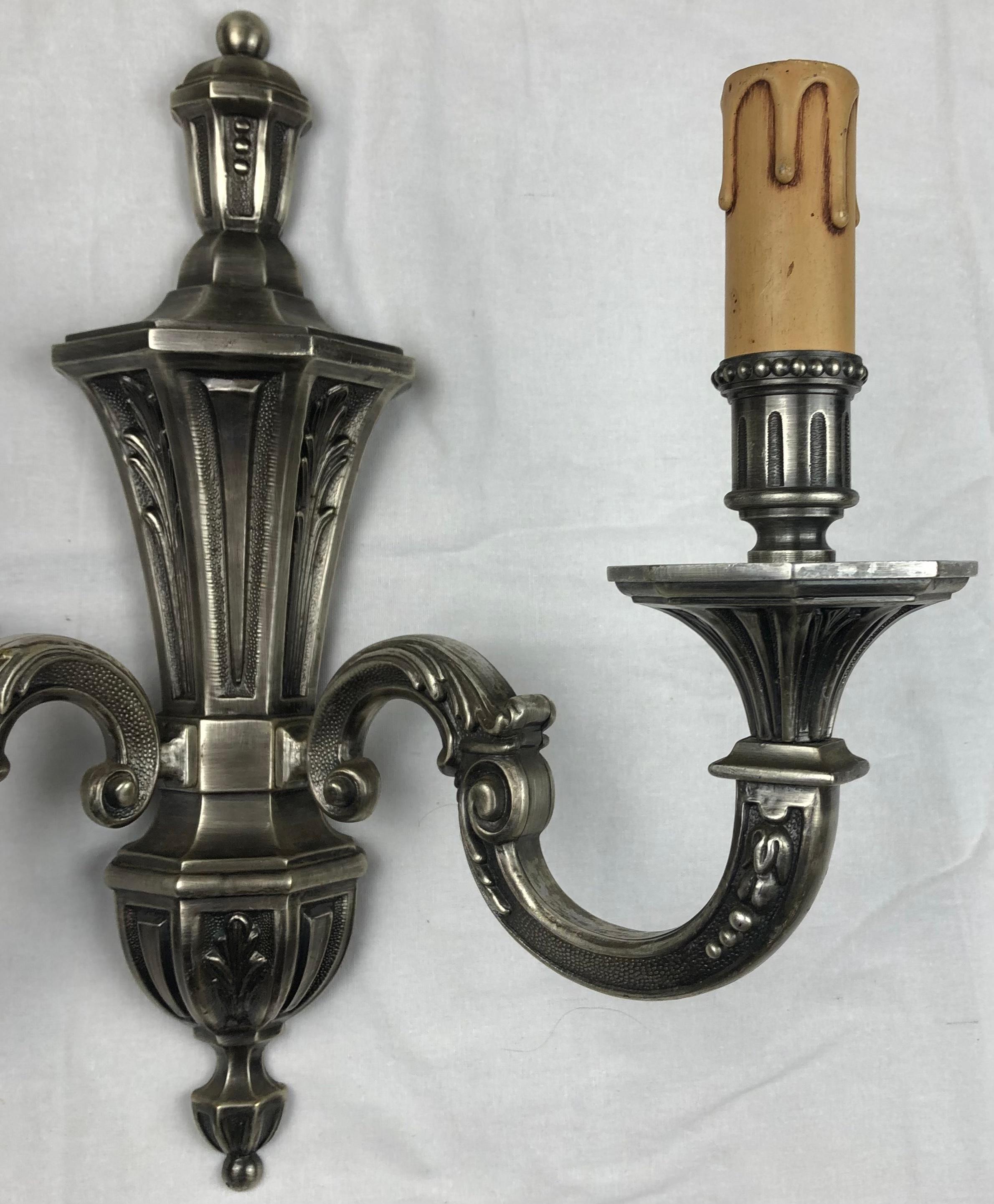 French 3 Art Deco Silvered Bronze 2 Arm Wall Sconces, Electrified For Sale
