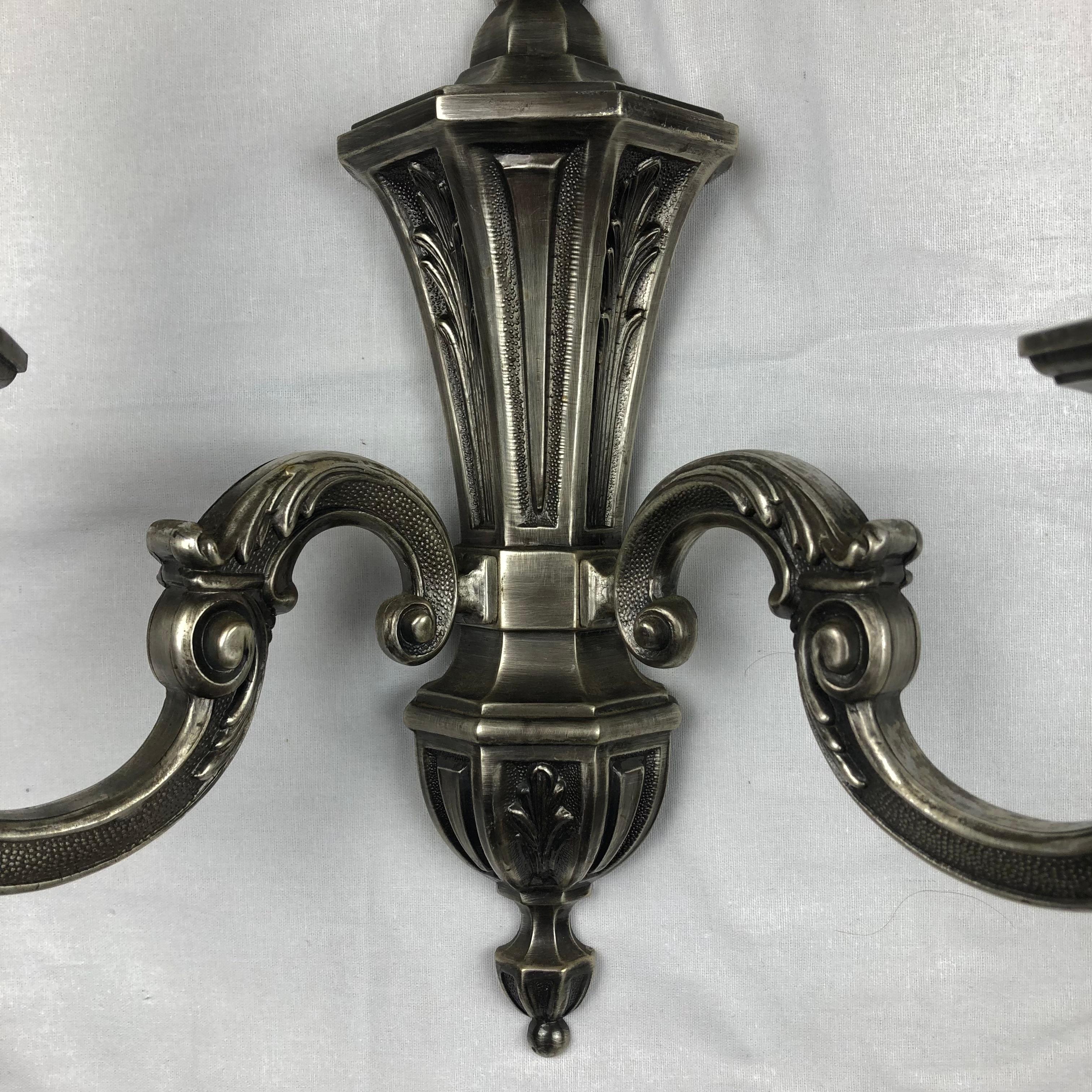 3 Art Deco Silvered Bronze 2 Arm Wall Sconces, Electrified In Good Condition For Sale In Miami, FL
