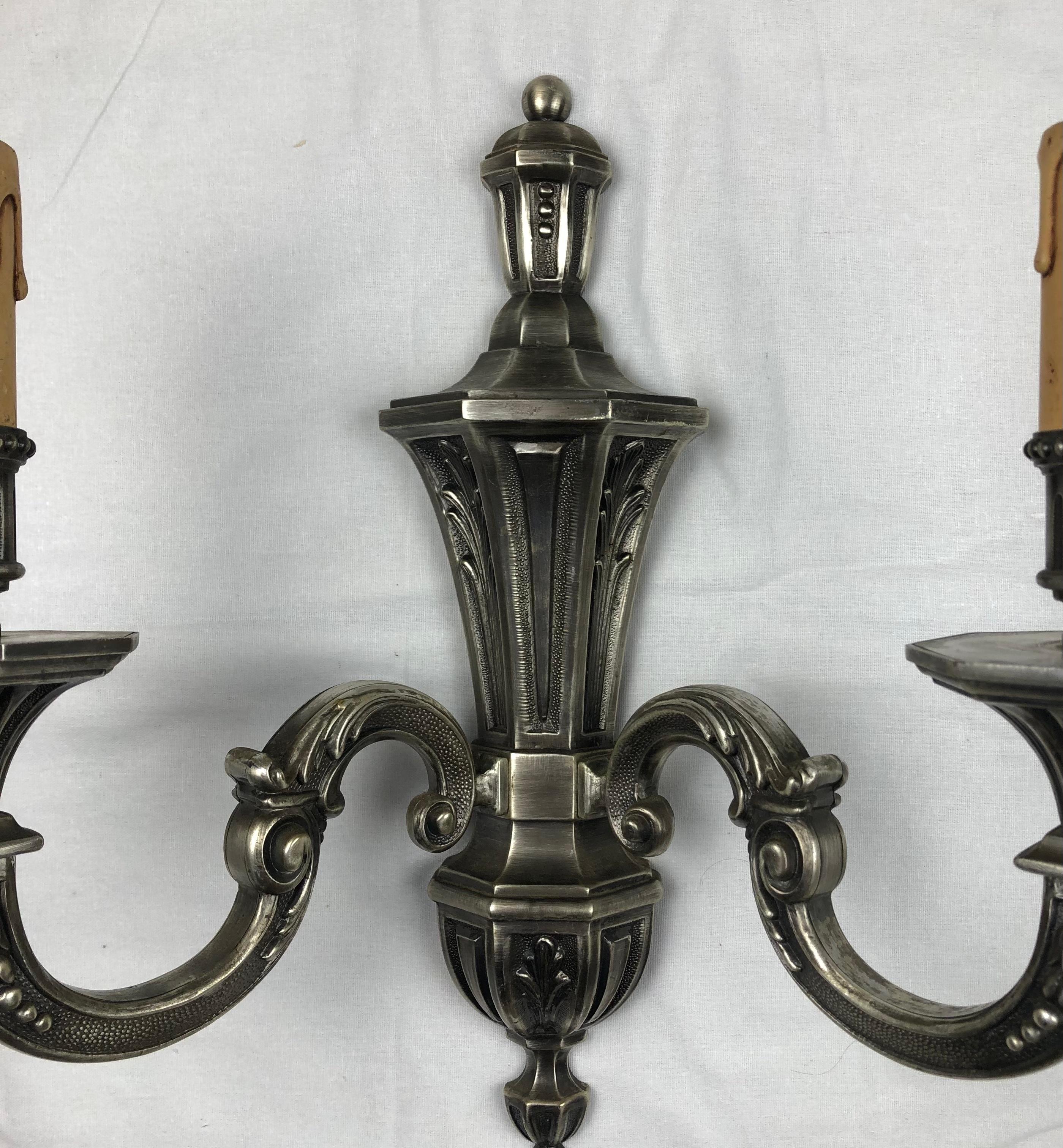 20th Century 3 Art Deco Silvered Bronze 2 Arm Wall Sconces, Electrified For Sale