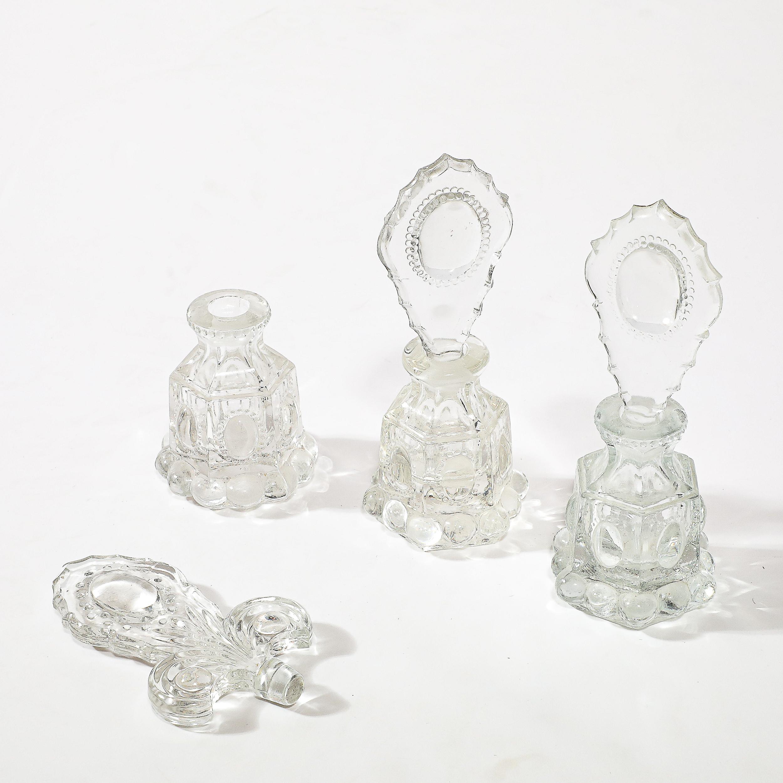 3 Art Deco Pressed Glass Scalloped Stoppers & Hobnob Detailing Perfume Holders For Sale 5