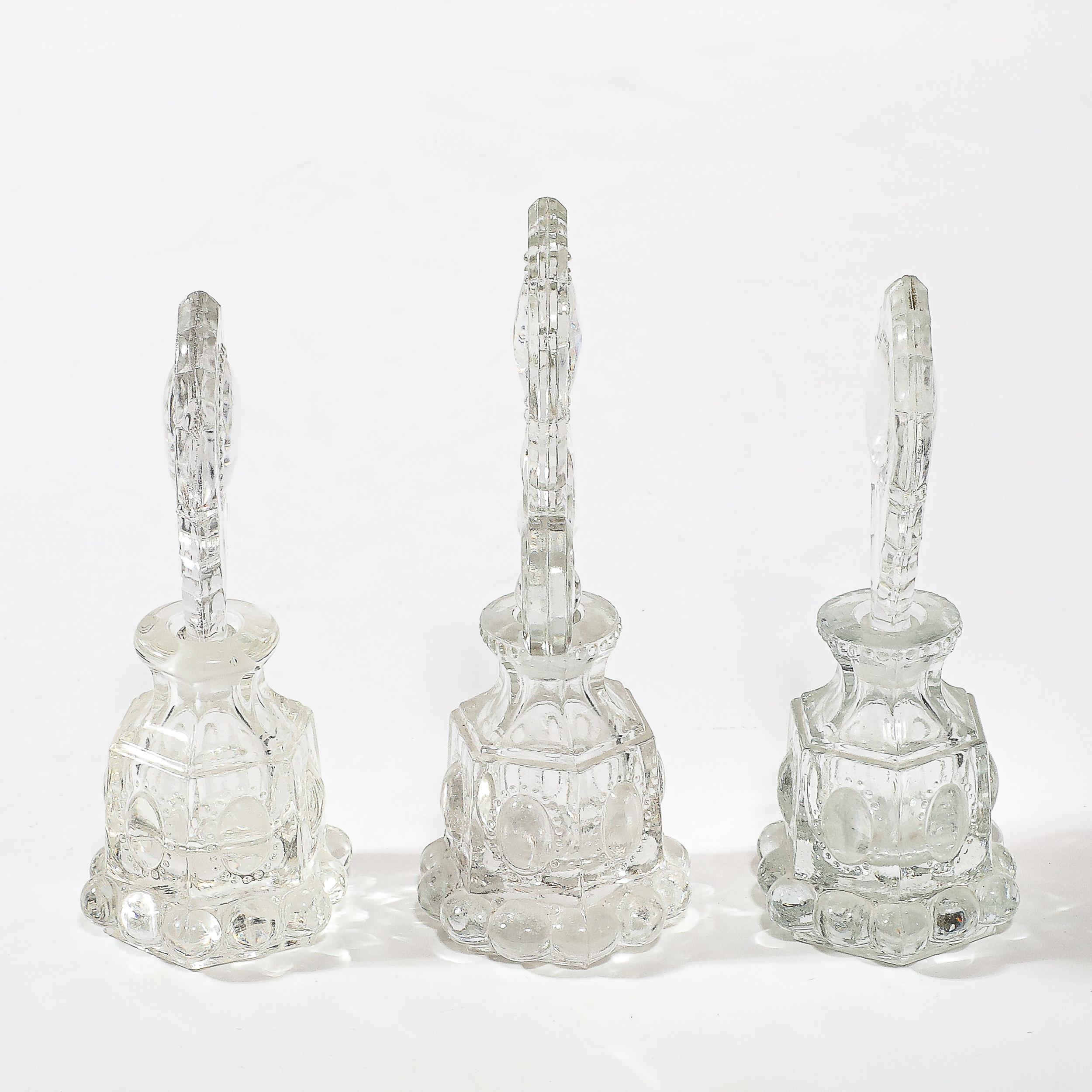 3 Art Deco Pressed Glass Scalloped Stoppers & Hobnob Detailing Perfume Holders For Sale 6