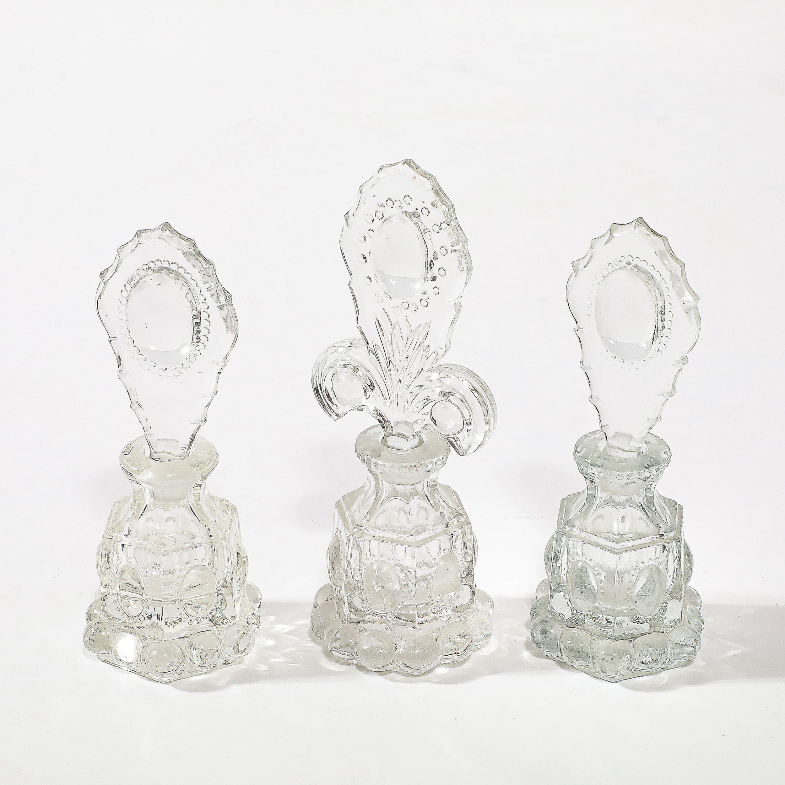 3 Art Deco Pressed Glass Scalloped Stoppers & Hobnob Detailing Perfume Holders For Sale 7