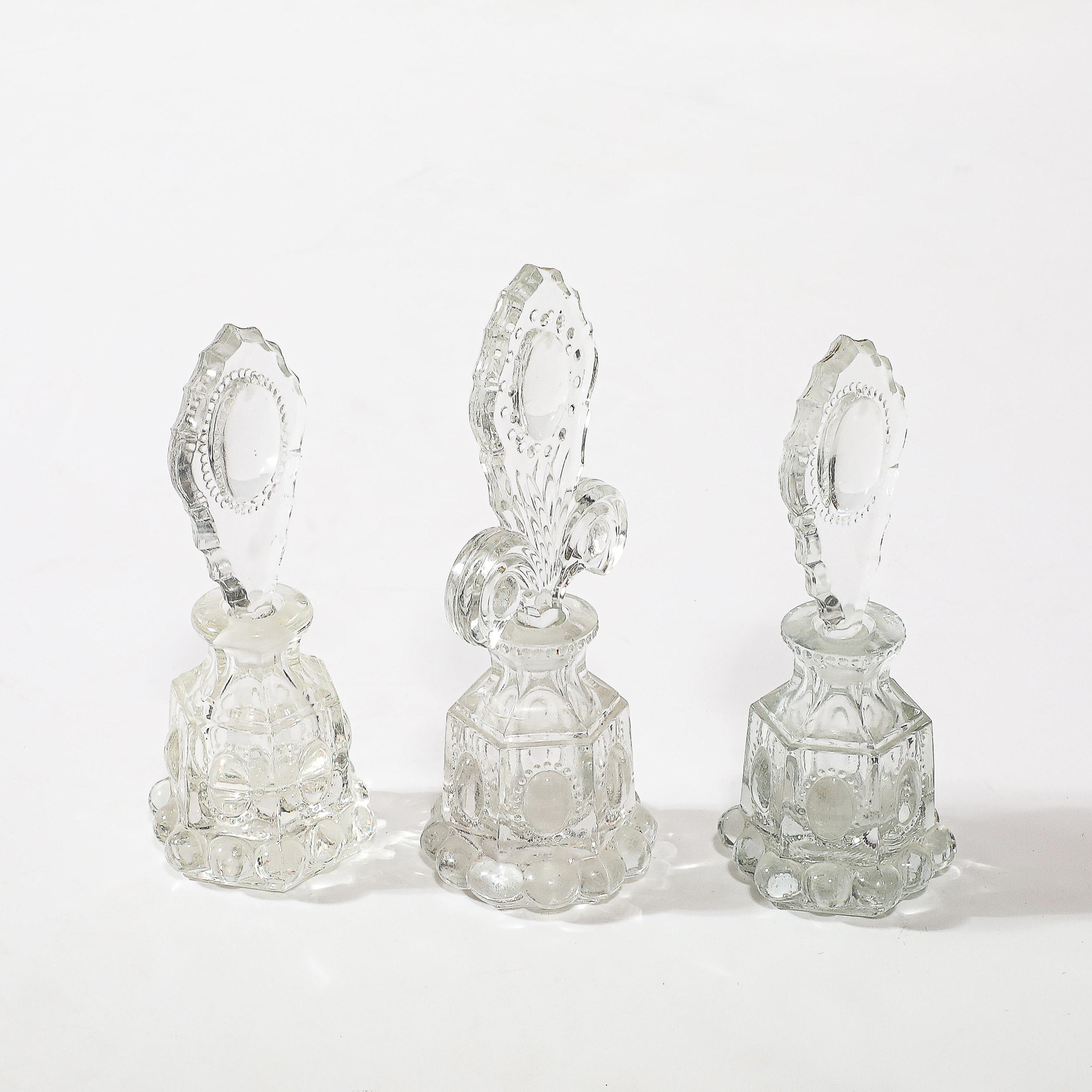 3 Art Deco Pressed Glass Scalloped Stoppers & Hobnob Detailing Perfume Holders For Sale 8