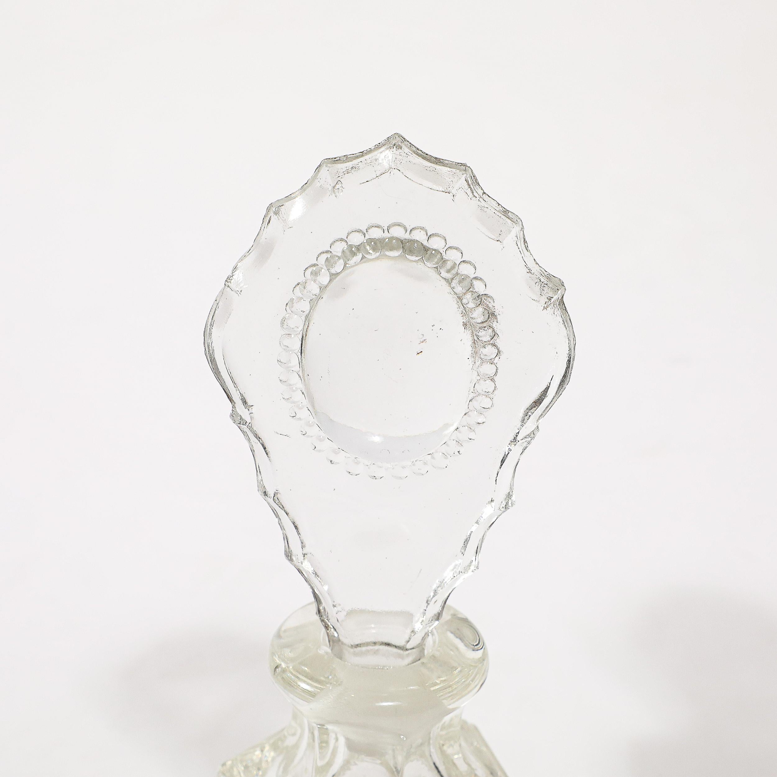 3 Art Deco Pressed Glass Scalloped Stoppers & Hobnob Detailing Perfume Holders In Excellent Condition For Sale In New York, NY