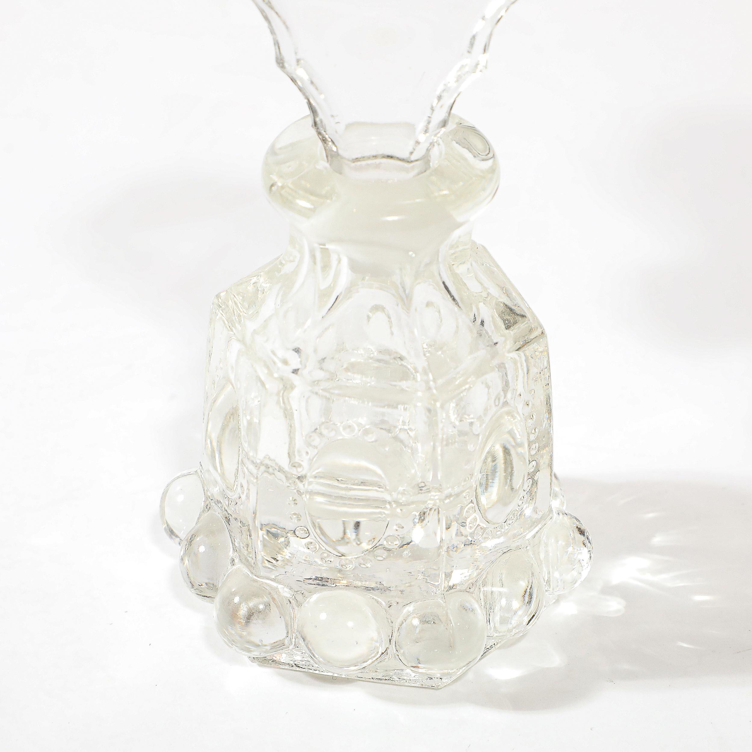Mid-20th Century 3 Art Deco Pressed Glass Scalloped Stoppers & Hobnob Detailing Perfume Holders For Sale