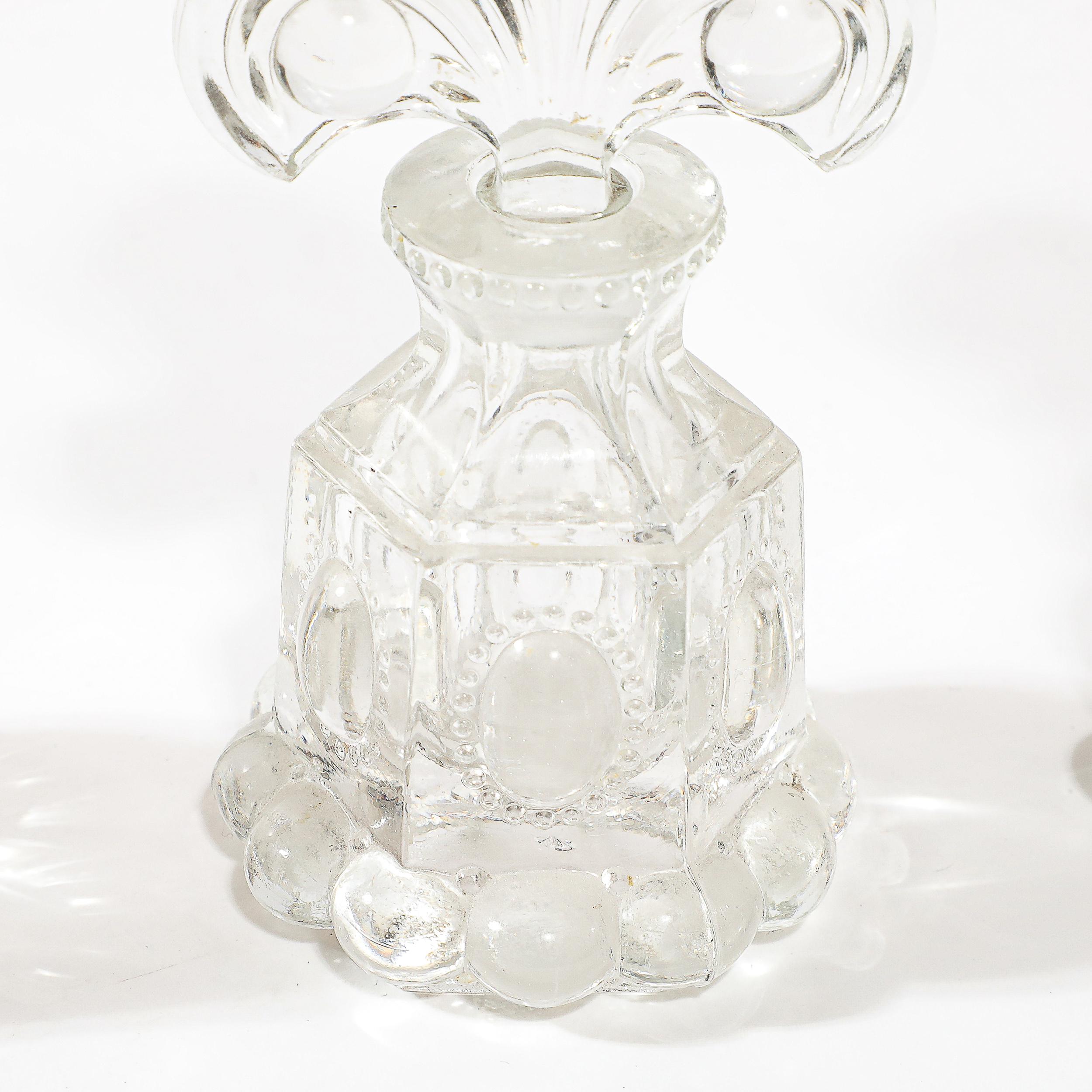 3 Art Deco Pressed Glass Scalloped Stoppers & Hobnob Detailing Perfume Holders For Sale 1