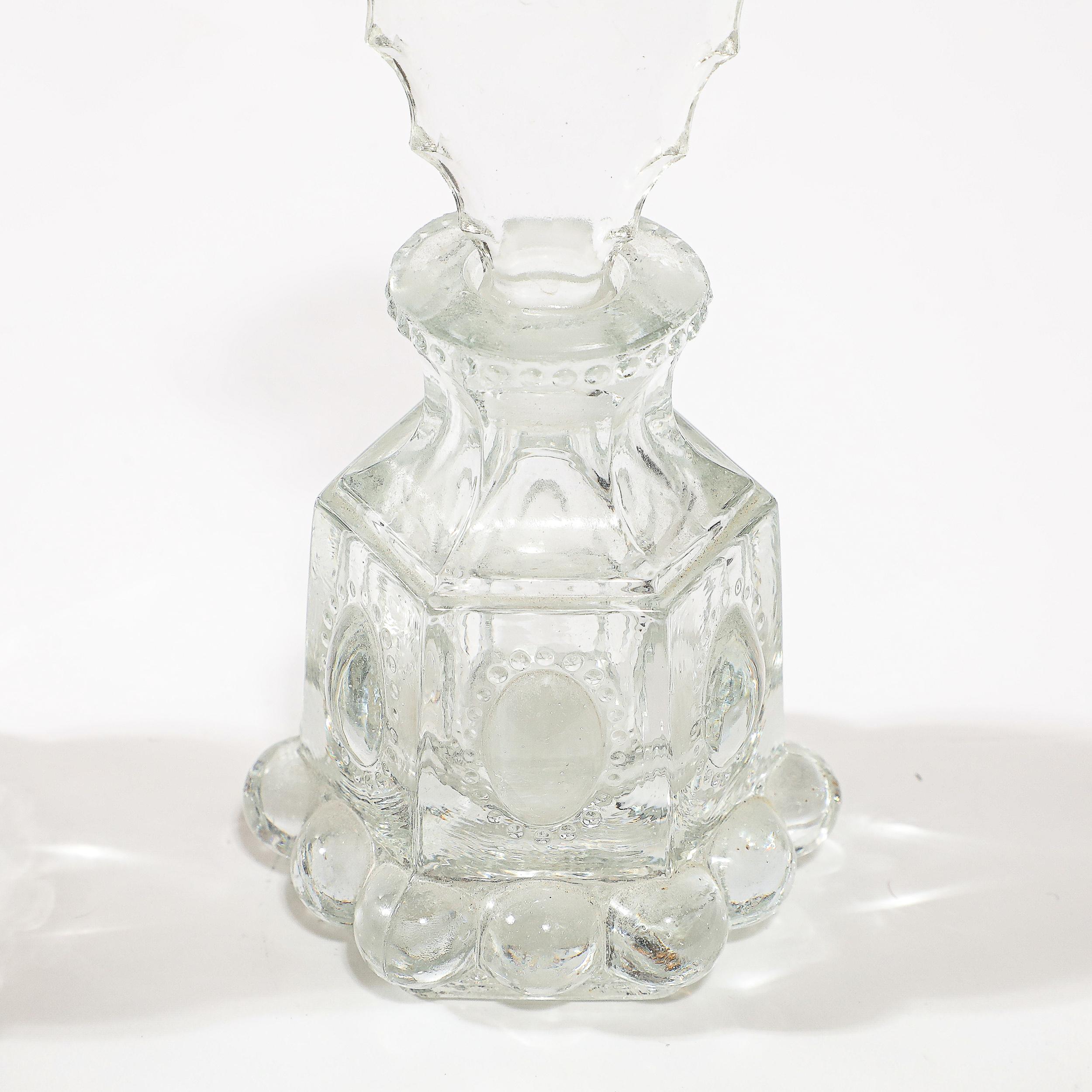 3 Art Deco Pressed Glass Scalloped Stoppers & Hobnob Detailing Perfume Holders For Sale 3