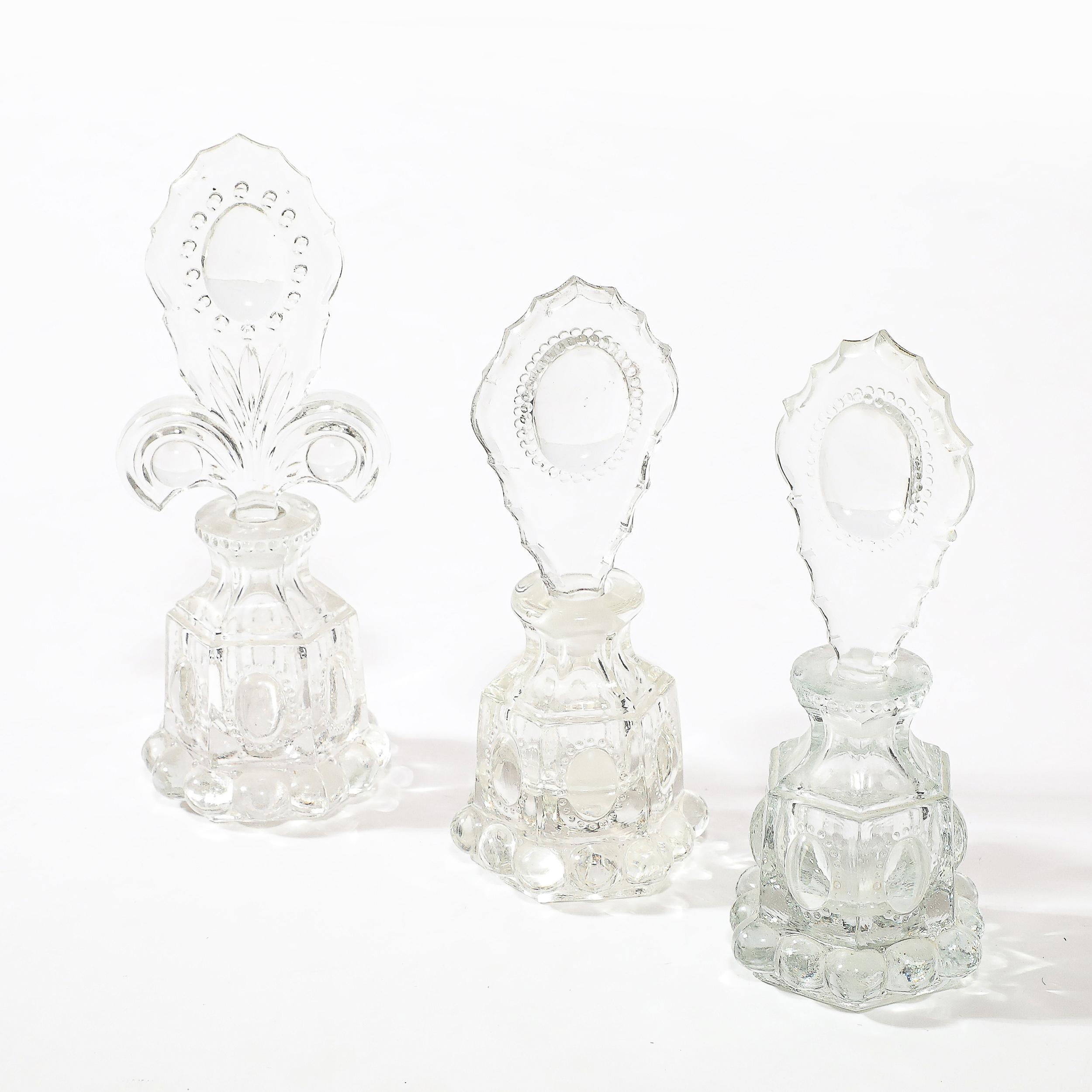 3 Art Deco Pressed Glass Scalloped Stoppers & Hobnob Detailing Perfume Holders For Sale 4