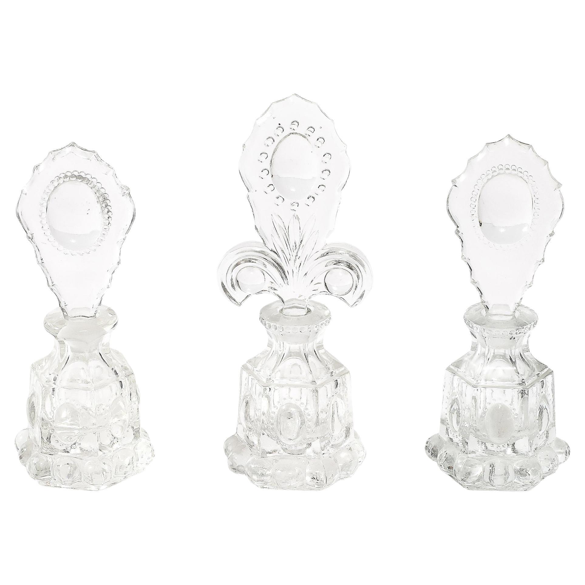 3 Art Deco Pressed Glass Scalloped Stoppers & Hobnob Detailing Perfume Holders
