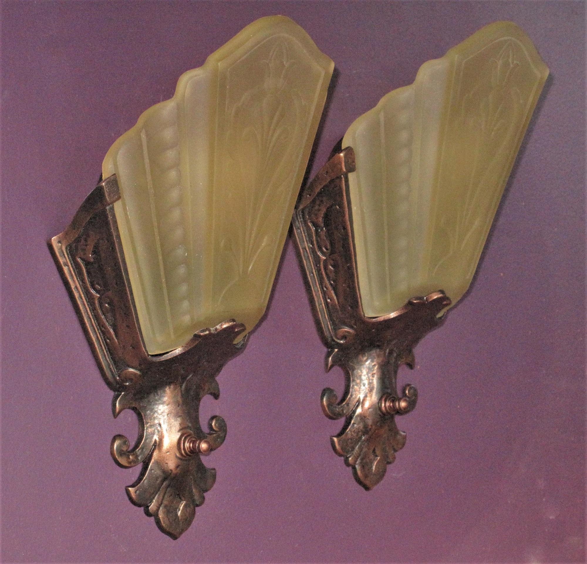 American Craftsman 3 Art Deco / Revival Slip Shade Sconces 1930s Priced per pair For Sale