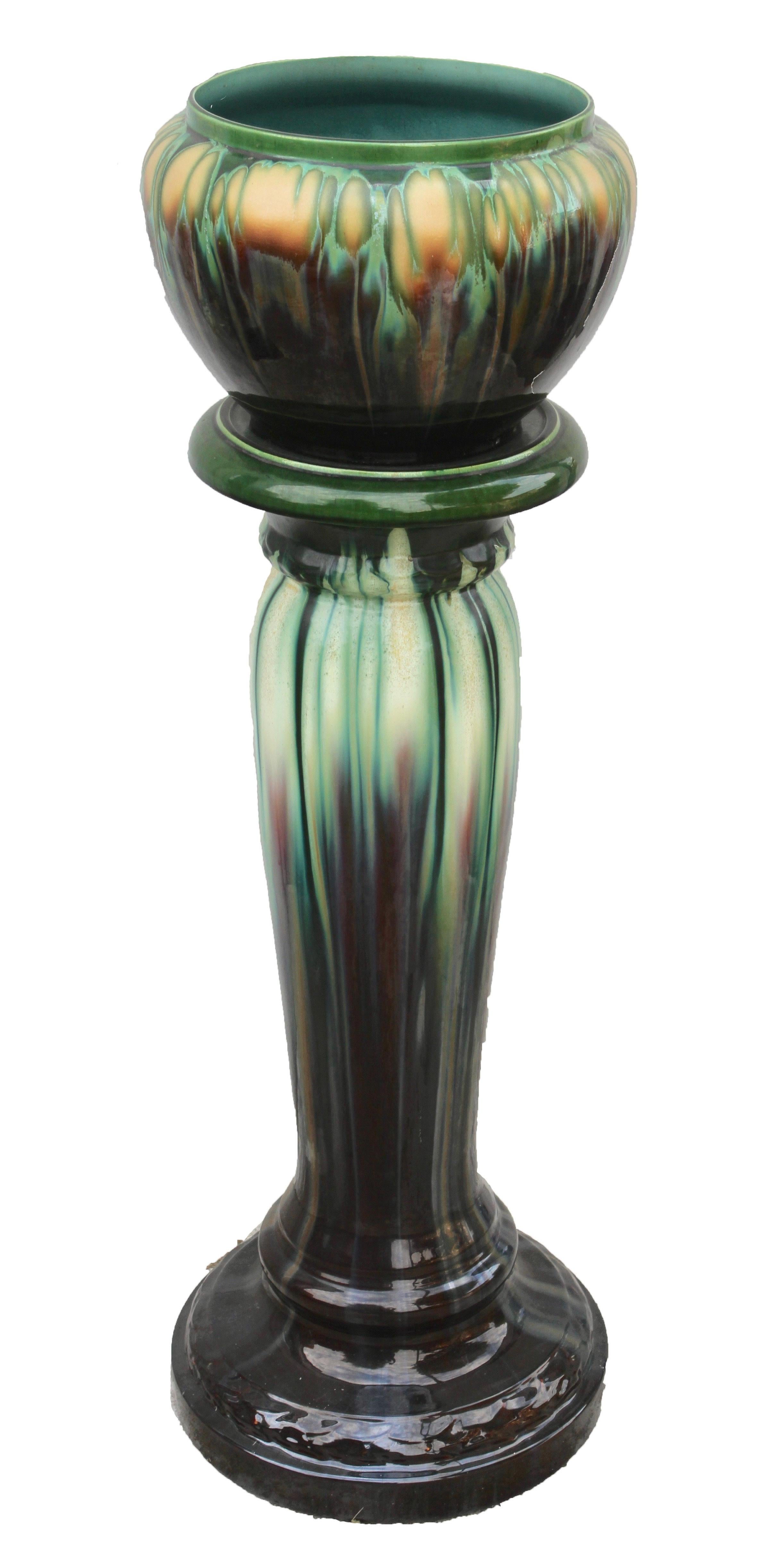 3x Art Nouveau large ceramic jardinière on stand, 1900s.

 magnificent glazed earthenware column and planter from the art nouveau period circa 1900s

The pieces are in excellent condition and a real beauty!
A real treasure for the ceramics'