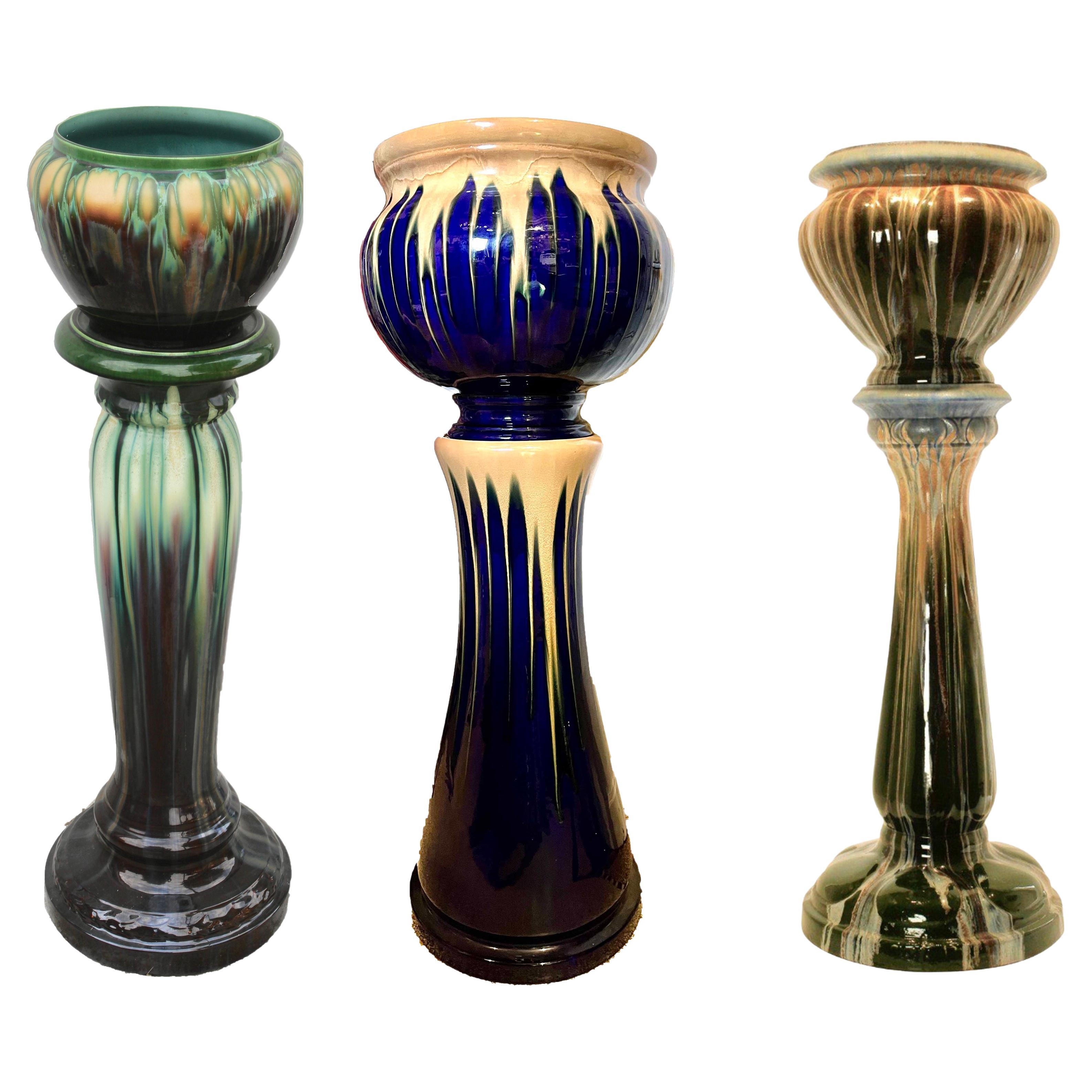 3 Art Nouveau Glazed Earthenware Columns and Planters 1900s