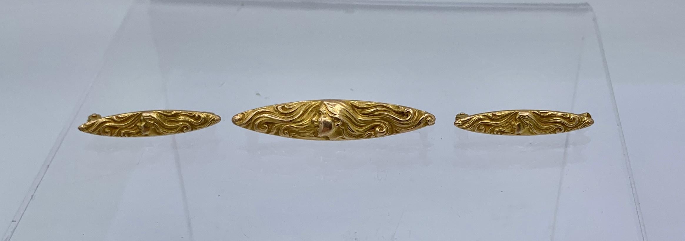 3 Broches Art Nouveau Maiden Woman Krementz 14 Karat Gold Circa 1900 Antique Excellent état - En vente à New York, NY