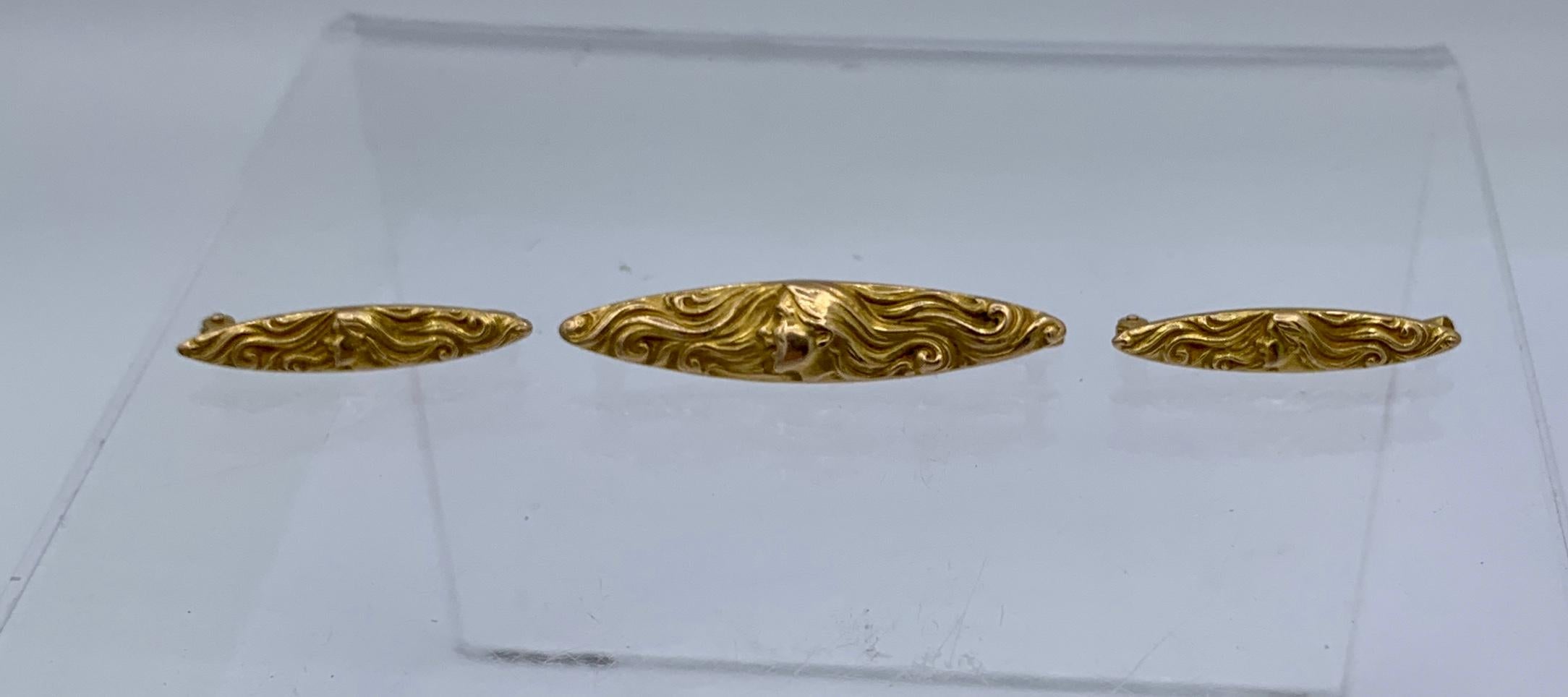 3 Broches Art Nouveau Maiden Woman Krementz 14 Karat Gold Circa 1900 Antique Pour femmes en vente
