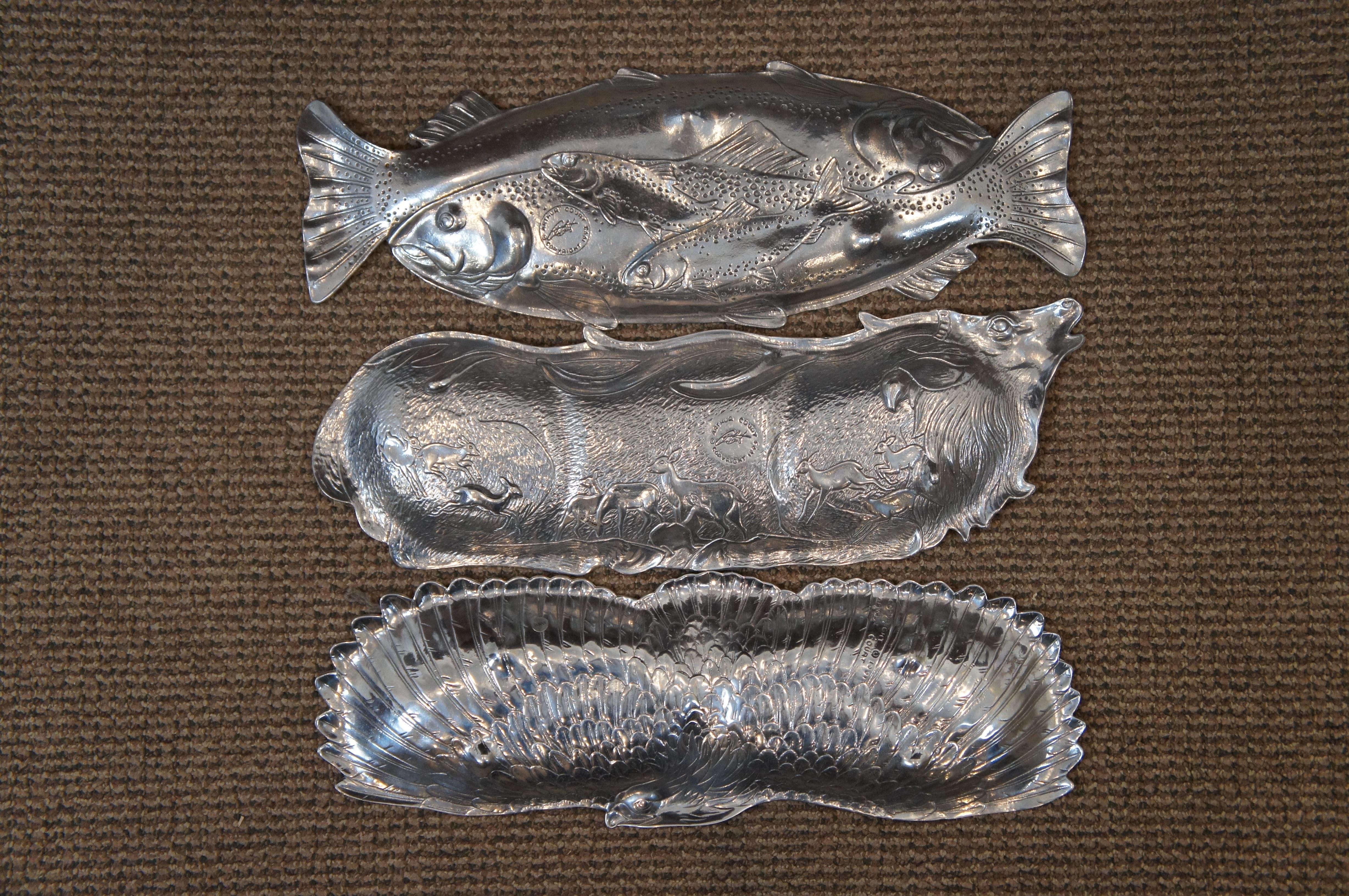Late 20th Century 3 Arthur Court Aluminum Carnelian Eye Serving Trays Platters Stag Eagle Fish 19
