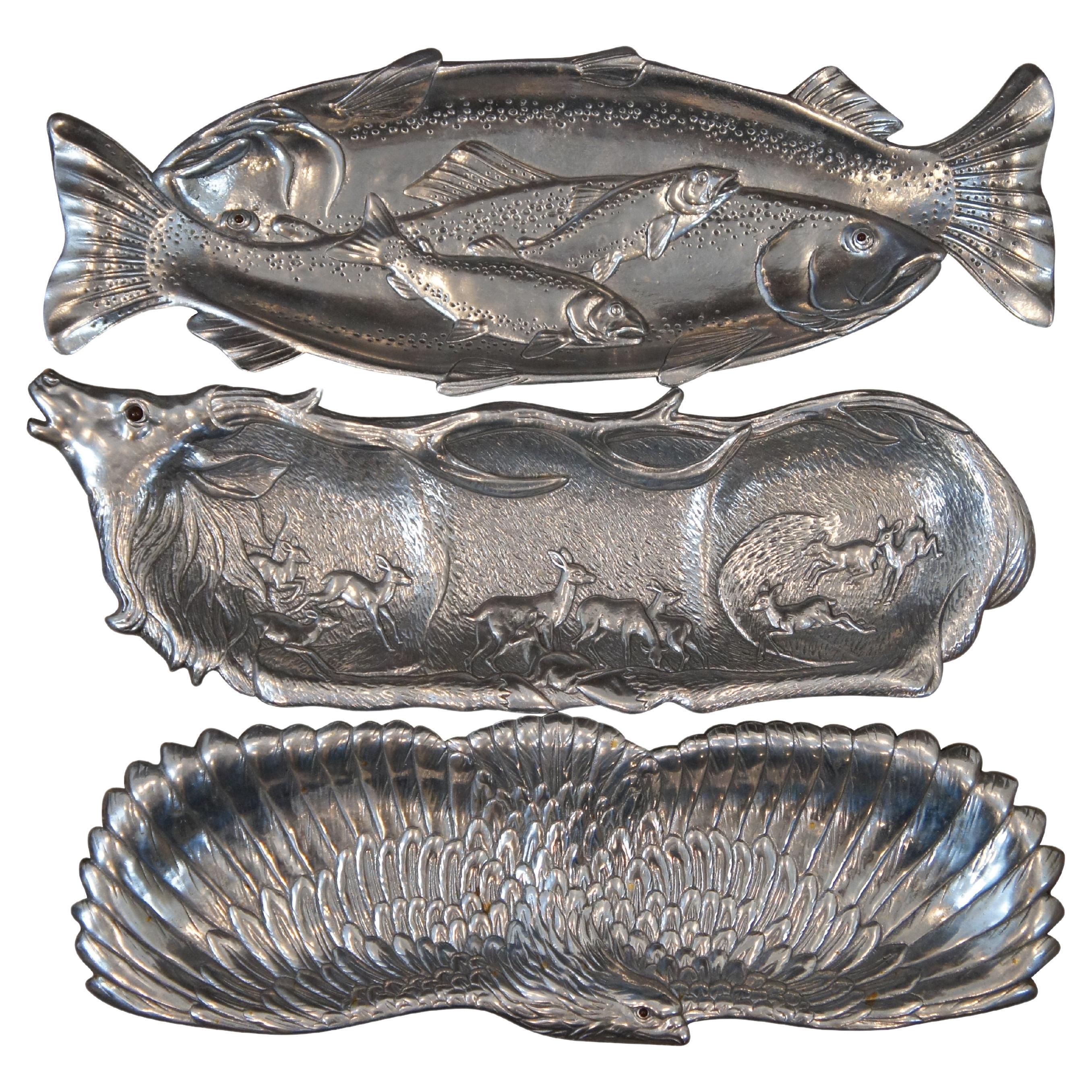 3 Arthur Court Aluminum Carnelian Eye Serving Trays Platters Stag Eagle Fish 19" For Sale