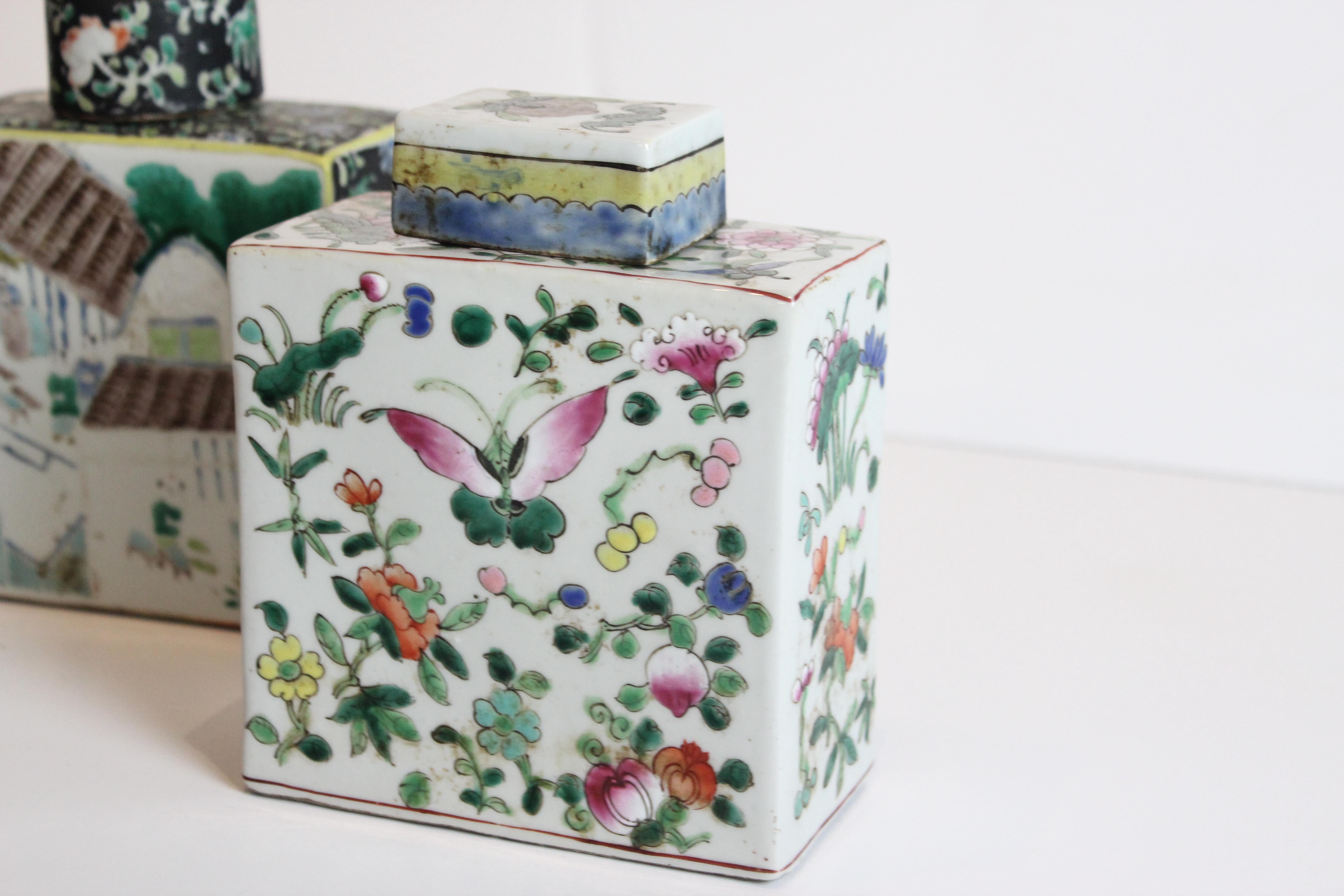 Set of three Chinese hand-painted tea caddy.
