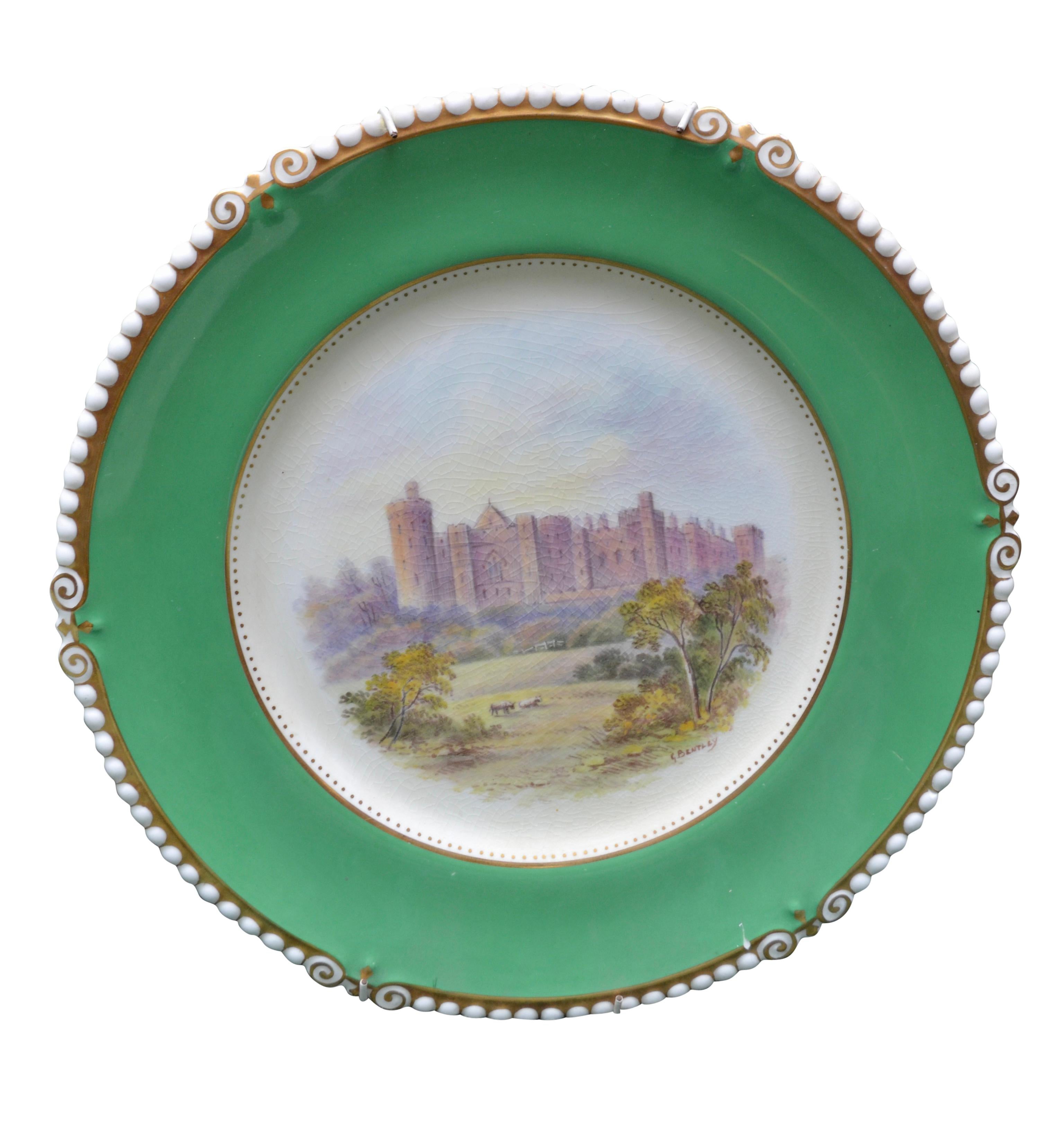 A set of three late Victorian Aynsley bone china wall plates with a light green border centered with hand painted images of Arundel Castle in England, Balmoral in Scotland and Harlech in Wales all signed G. Bentley.  

Arundel Castle is a  medieval