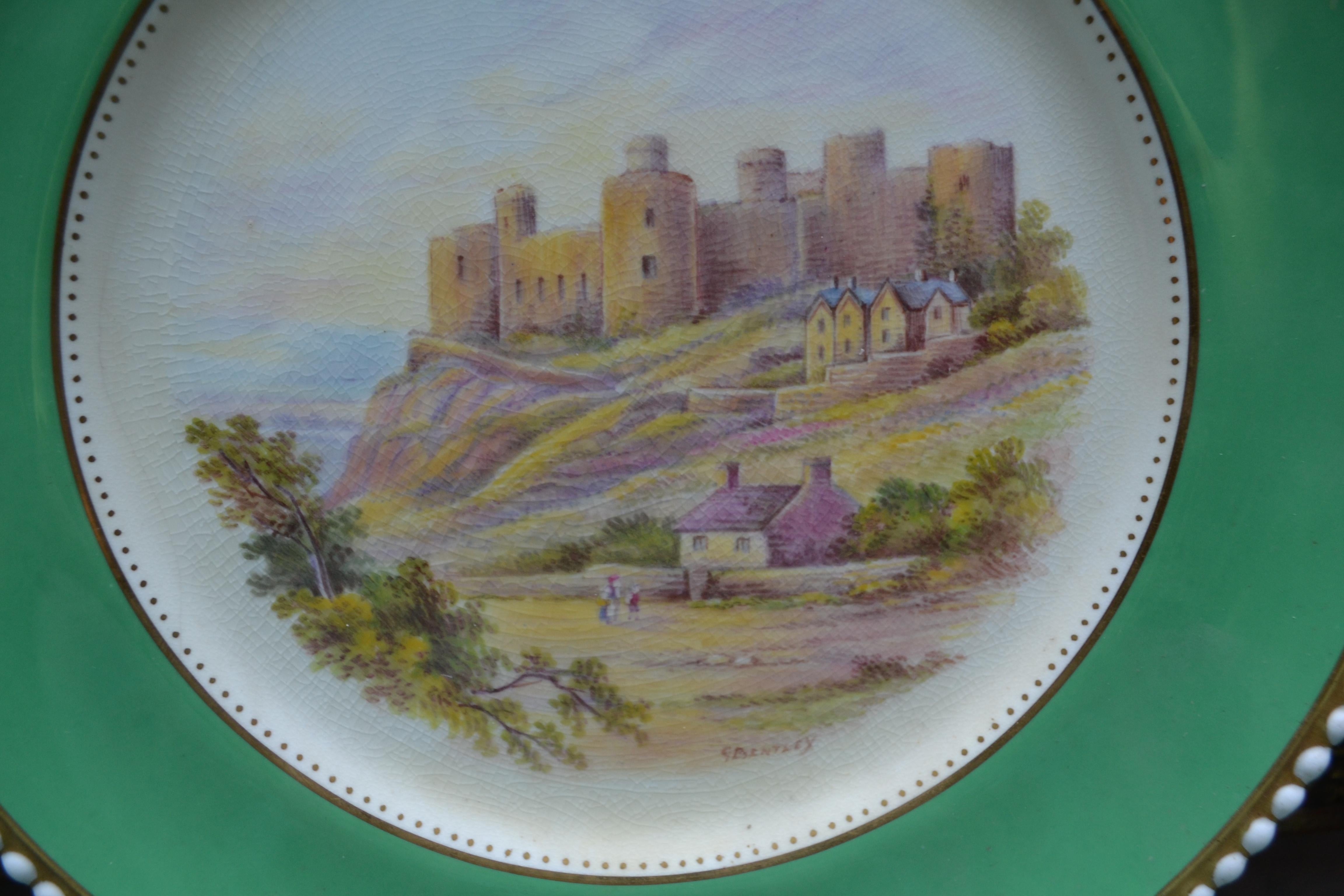 Hand-Painted  3 Aynsley Porcelain Plates with Green Borders and Paintings of British Castles For Sale