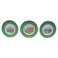  3 Aynsley Porcelain Plates with Green Borders and Paintings of British Castles