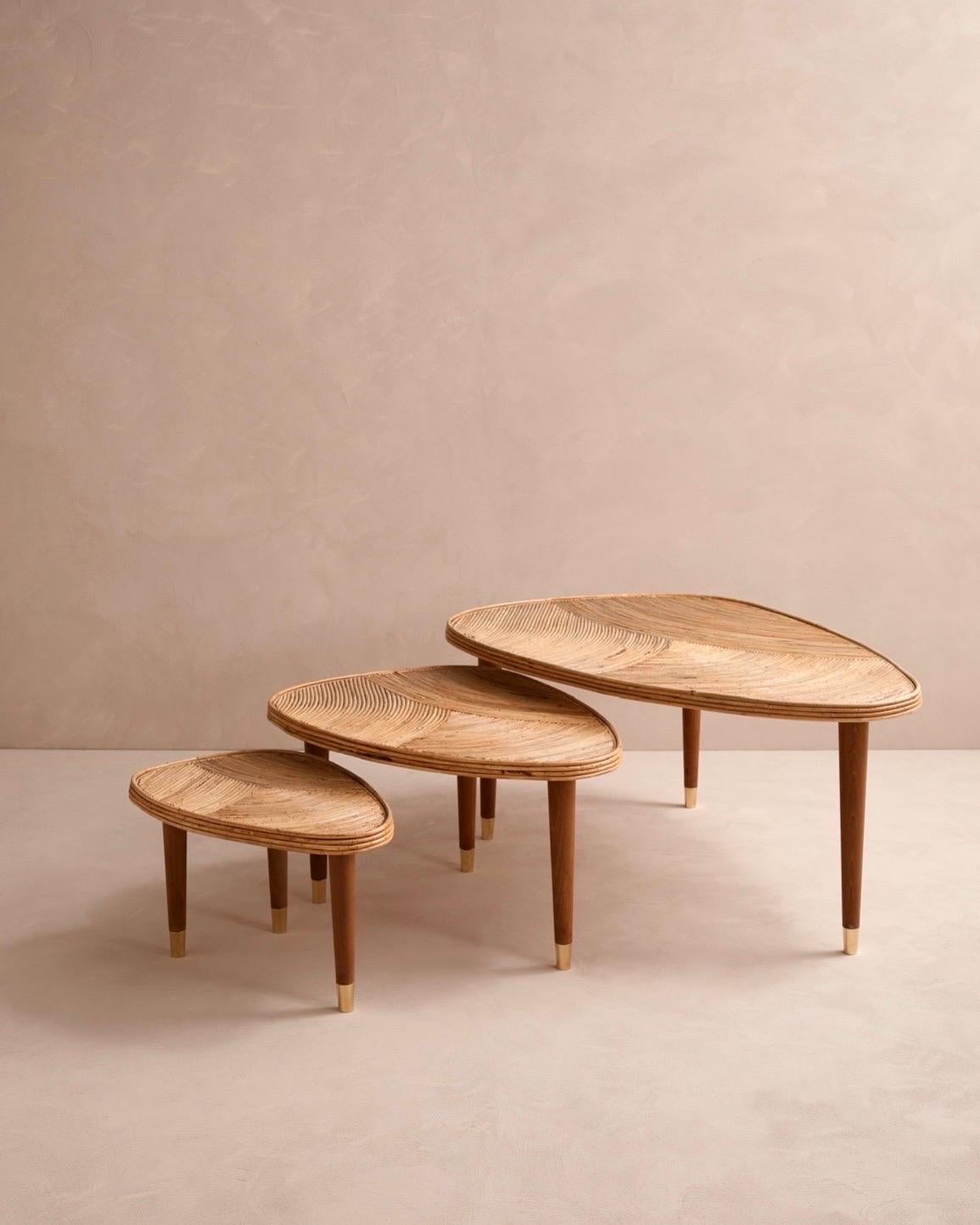 3 beautiful bamboo tables made in highest quality and manufactured in Italy. 
Largest: 47 inches wide, 32 inches deep, 20 inches high
Medium size: 31.5 inches wide, 24 inches deep, 16.5 inches high
Small size: 23.6 wide, 16 inches deep, 14 inches
