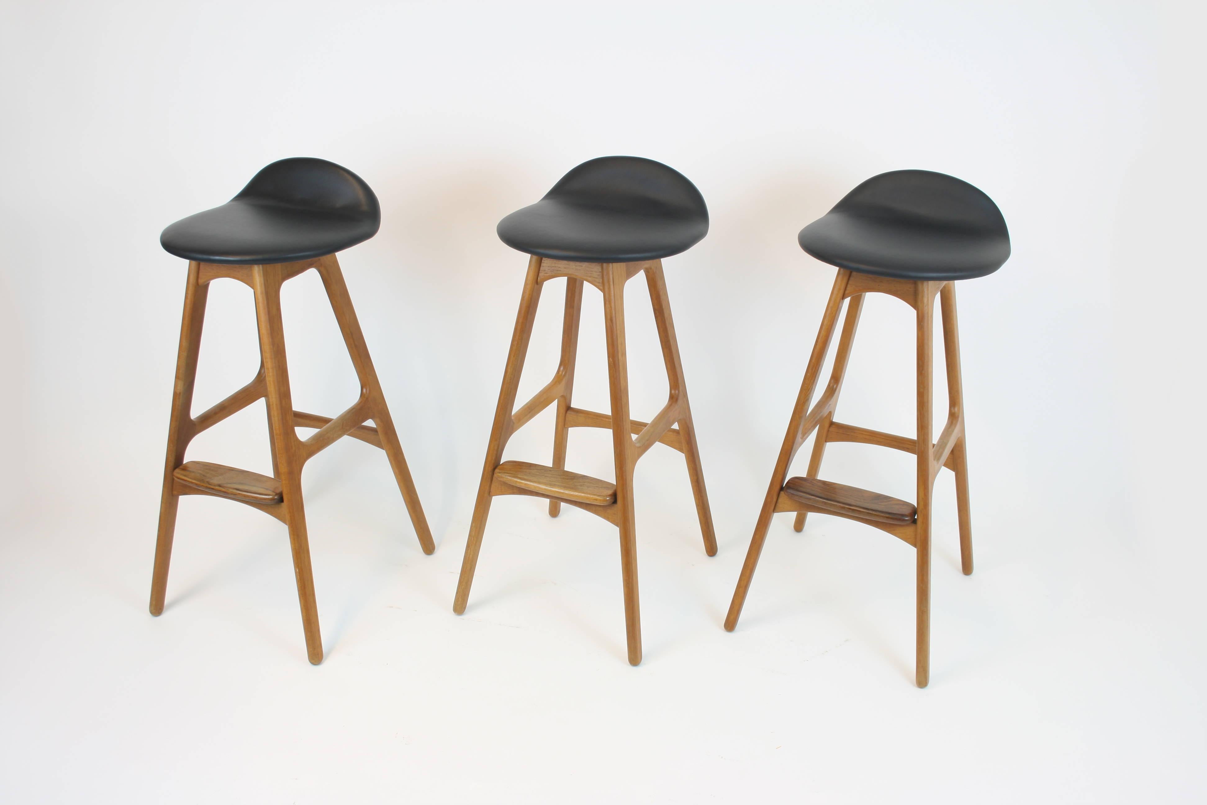 Leather 3 Barstools OD, 61 by Erik Buch for Odense Mobelfabrik Denmark 1950s Design Teak