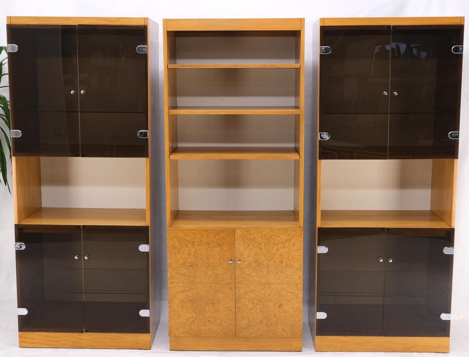 3 Bay Burl Walnut Smoked Glass Doors Cabinets Adjustable Shelves Wall Unit Mint For Sale 2