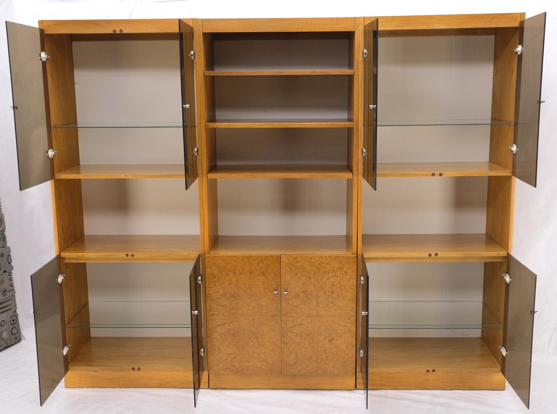 3 Bay Burl Walnut Smoked Glass Doors Cabinets Adjustable Shelves Wall Unit Mint For Sale 9