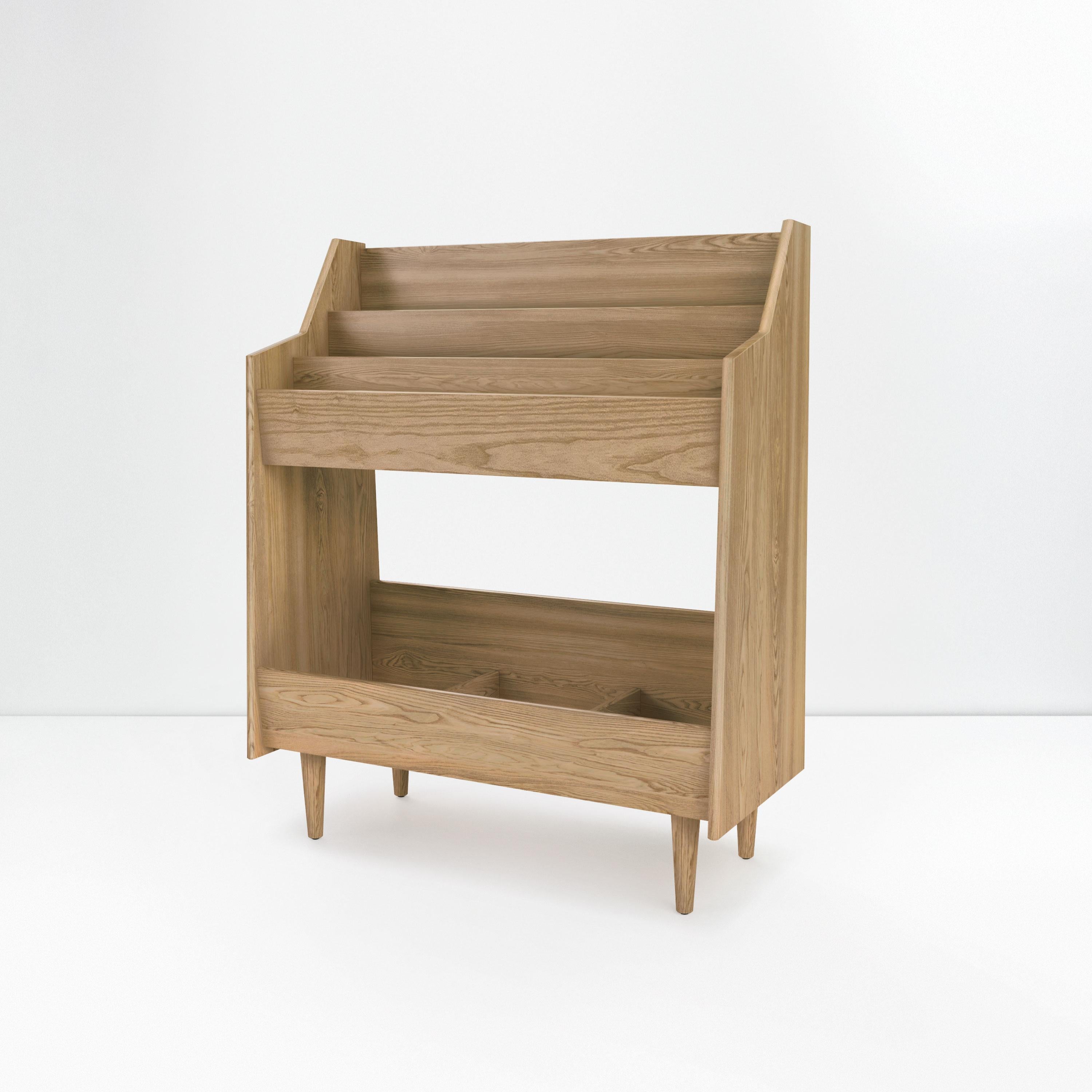 Contemporary 3 Bay Luxe Record Stand in Solid Ash Wood For Sale
