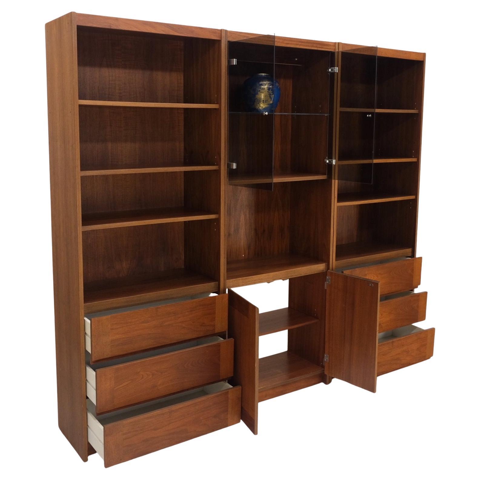 3 Bay Mid-Century Modern walnut glass doors bookcase wall shelves unit Curio cabinet MINT!. 
Each section mesures 30 inches in width.