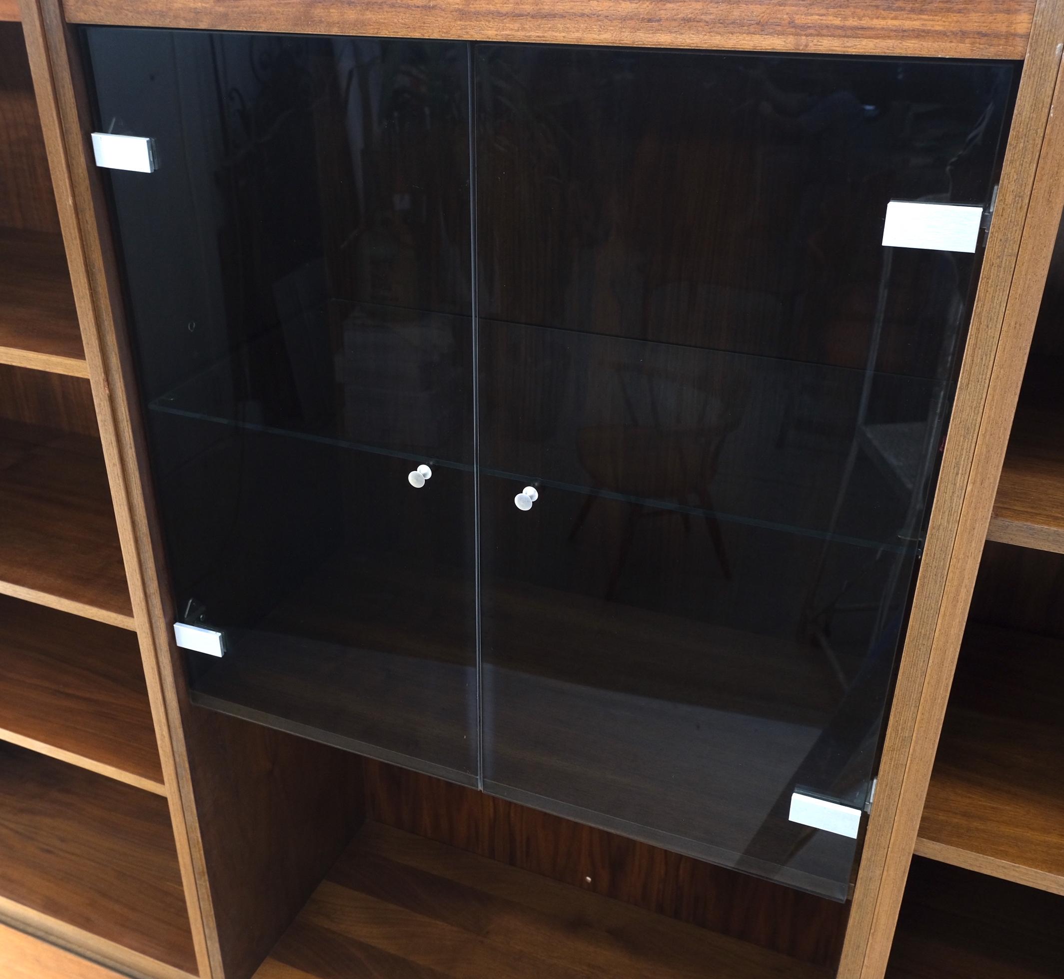 Mid-Century Modern 3 Bay Mid-Mentury Modern Walnut Glass Doors Bookcase Wall Unit Curio Cabinet For Sale