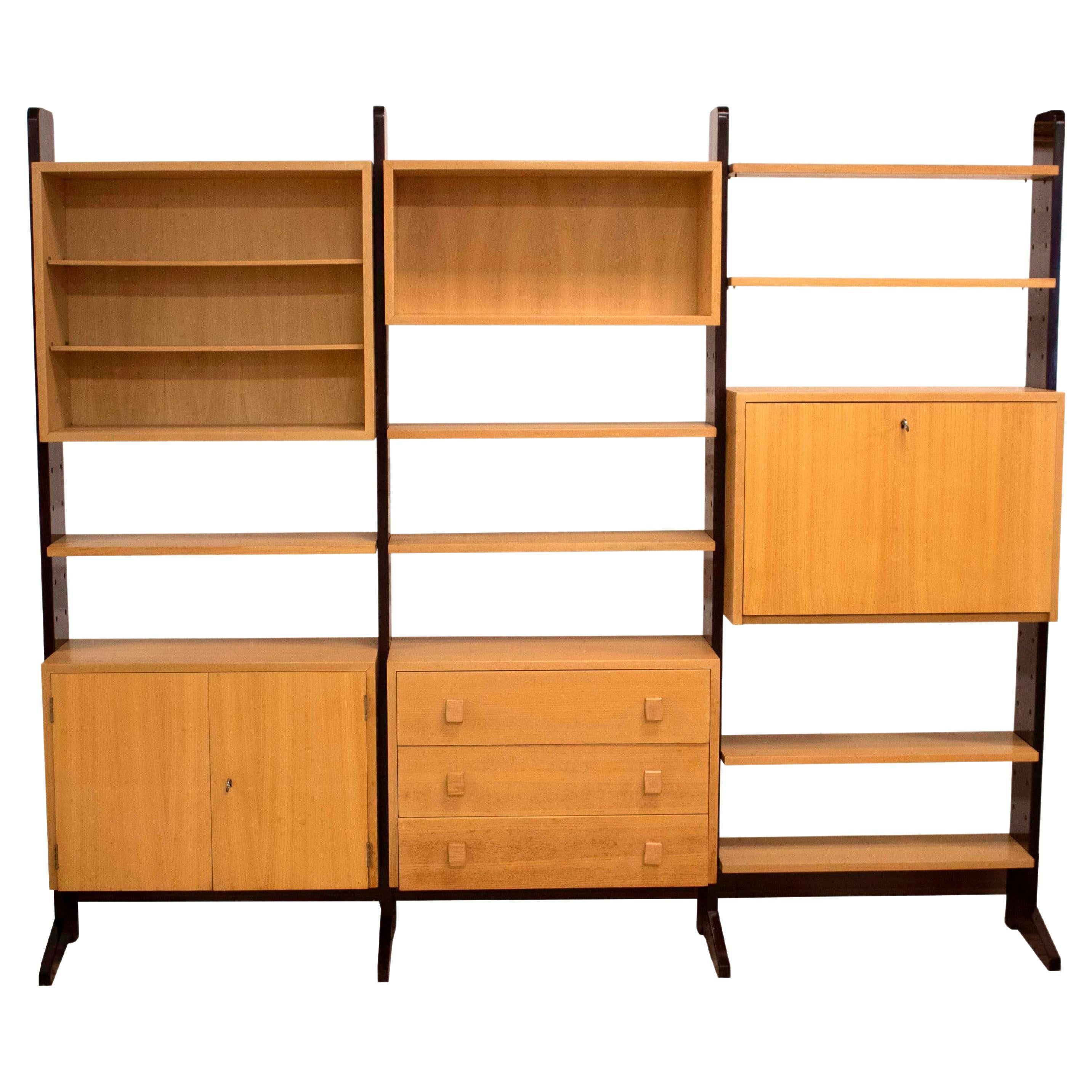 3 Bay Modular Wall Unit Bookshelf w Free Standing MidCentury