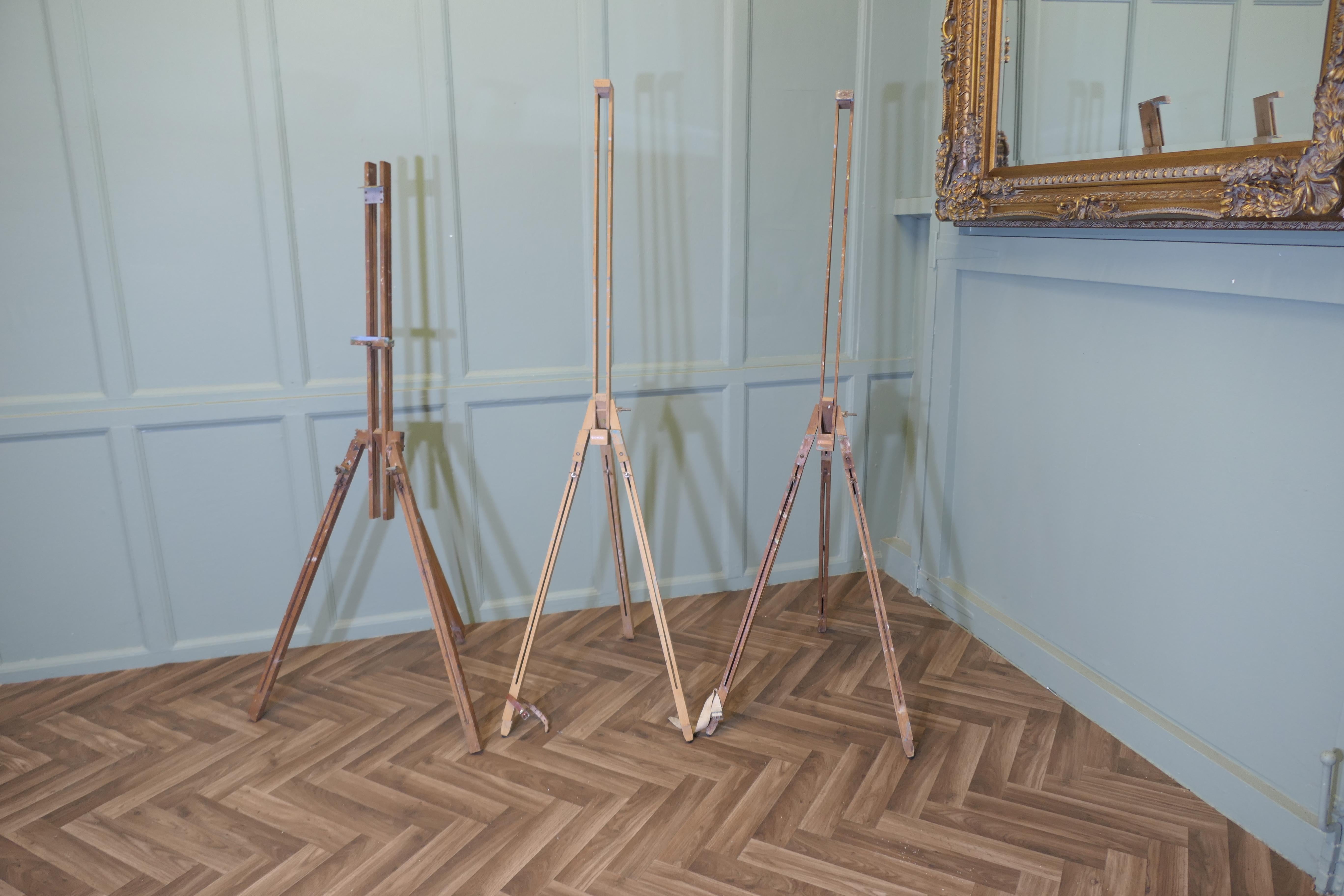 3 Beech Portable Folding Easels
 
Each Easel height is adjustable and the picture stand can be raised and lowered according to requirements, and fold away for ease of Transport and storage
The Easels are in good used condition there are a few