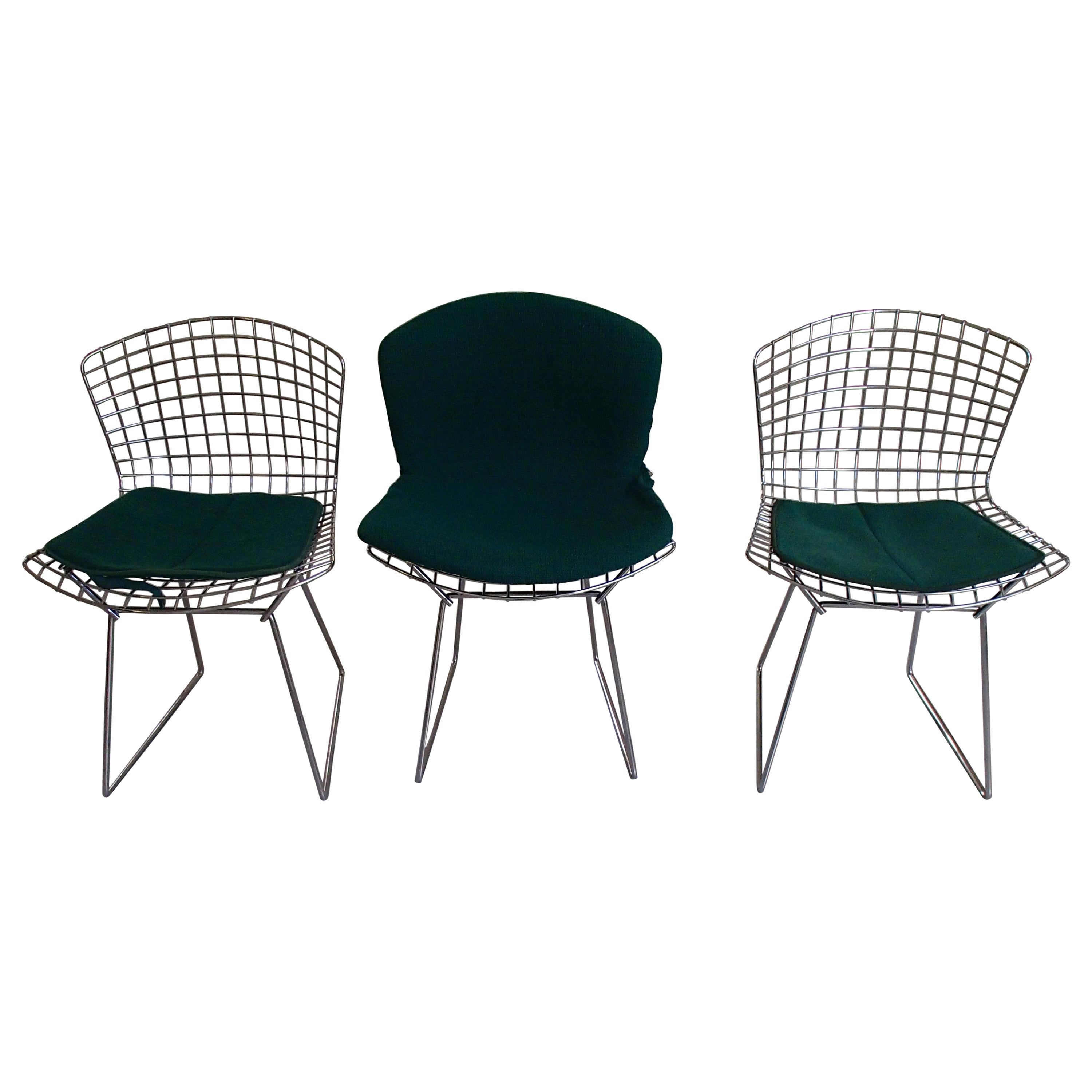 3 Bertoia Chrome Chairs with Green Cushions