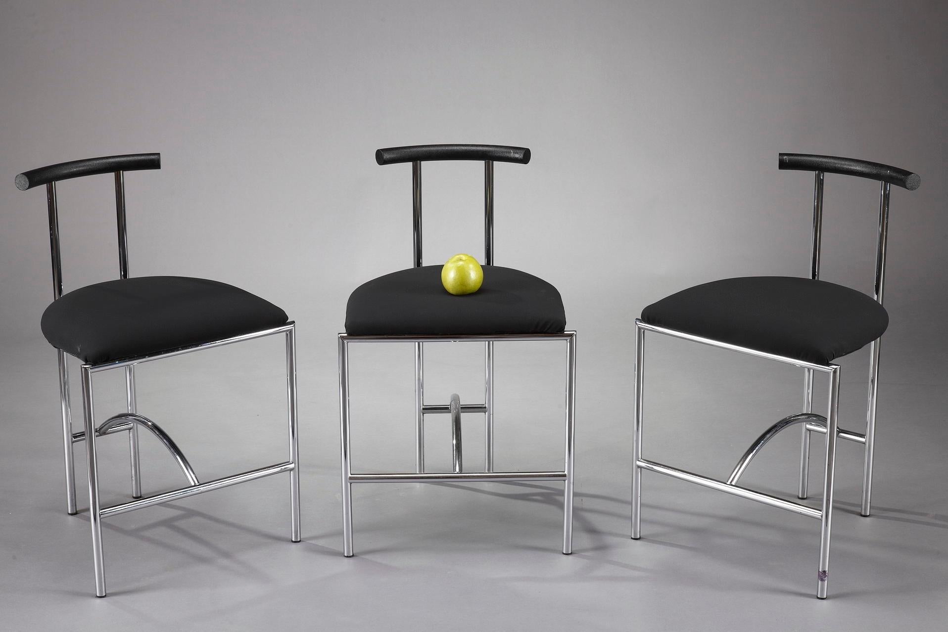 Set of 3 Tokyo chairs designed by Rodney Kinsman (British, b. 1943) for Bieffeplast, Italy, 1985. This design stool is beautiful because of its simplicity. It is made of chrome-plated tubular steel, rubber and black fabric upholstery. Original 1990s