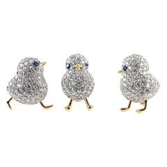 3 Bird Chicks Sparkling Crystal Golden Vintage Brooch Pins