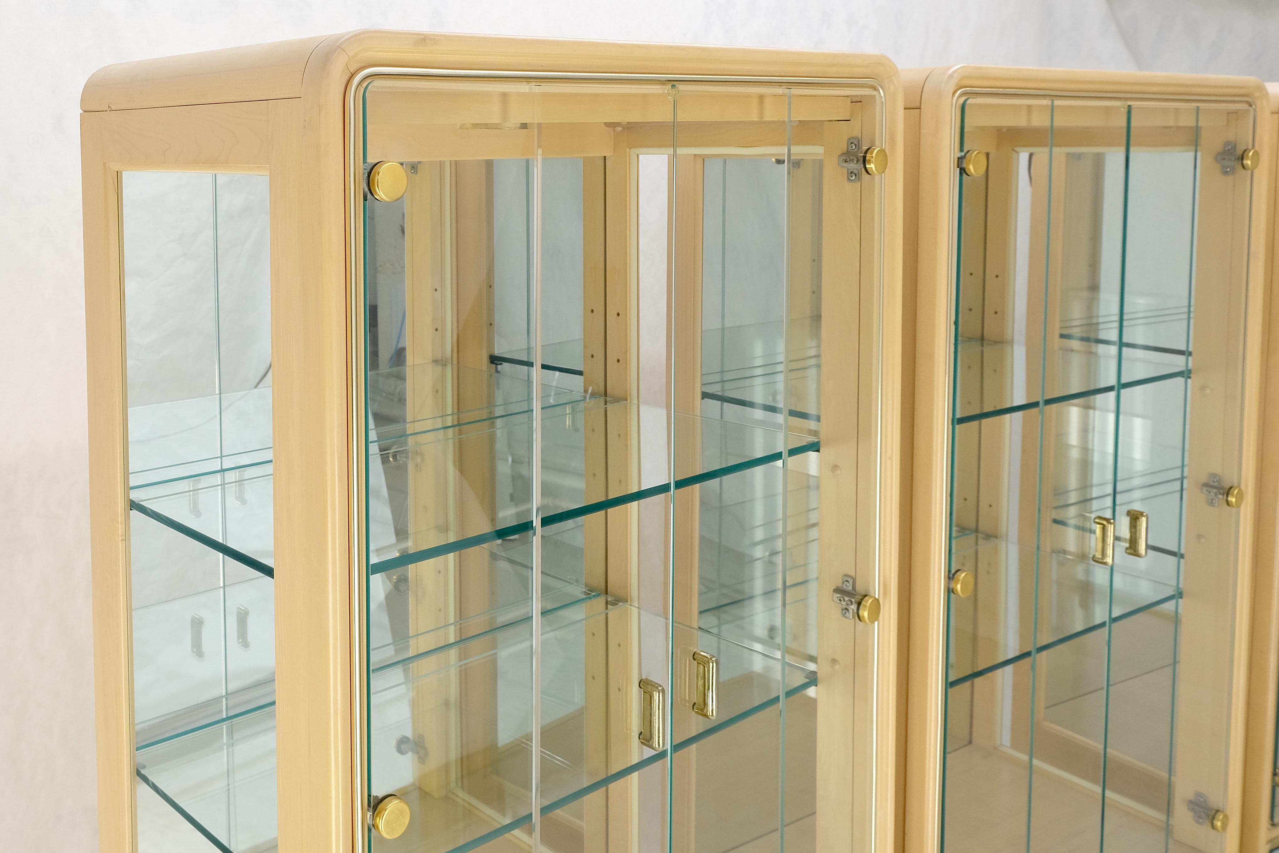 3 Blond Wood Glass Door Curio Cases Display Vitrine Cabinet Glass Shelves MINT! For Sale 2