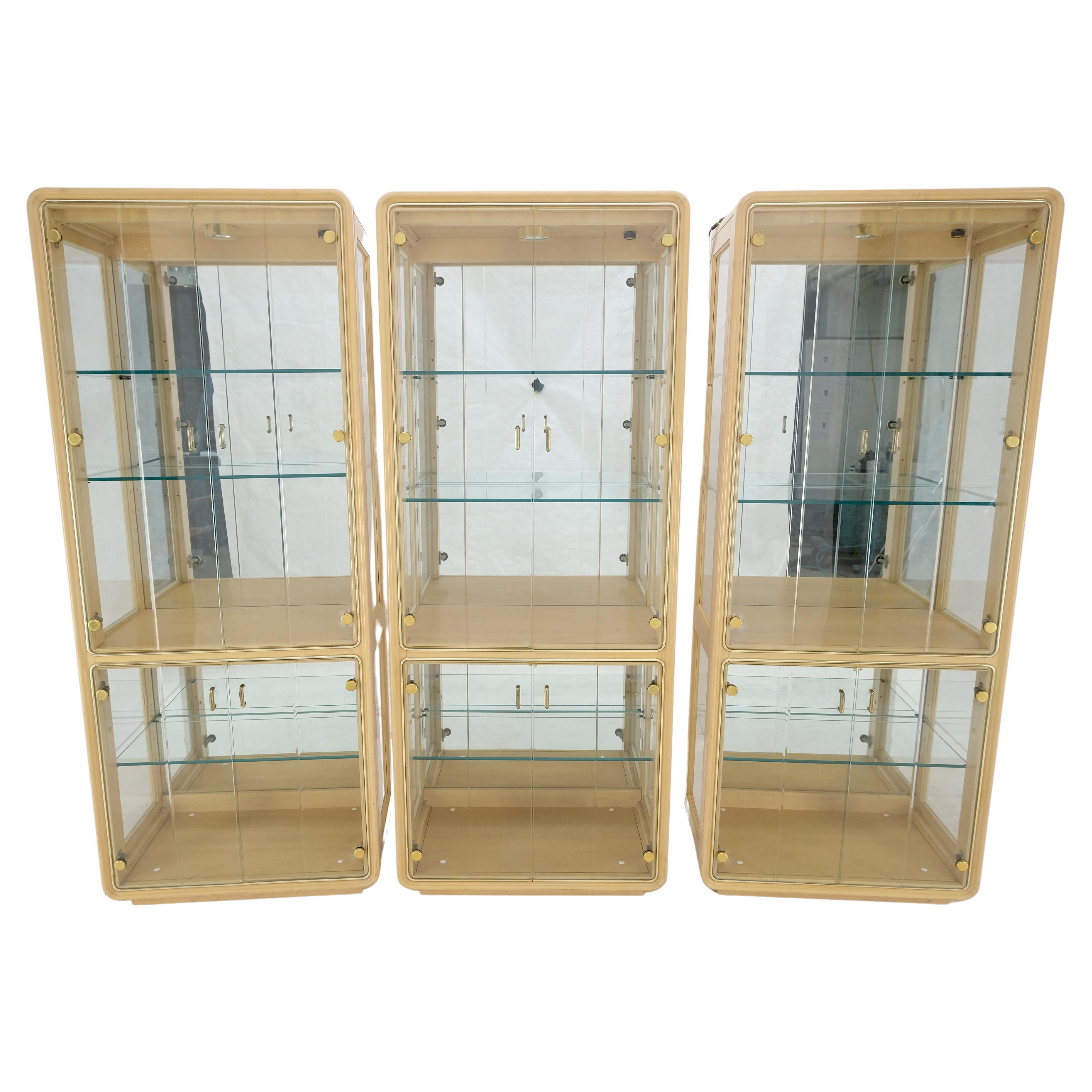 3 Blond Wood Glass Door Curio Cases Display Vitrine Cabinet Glass Shelves MINT! 
Lighted shelves, mirrored backs.