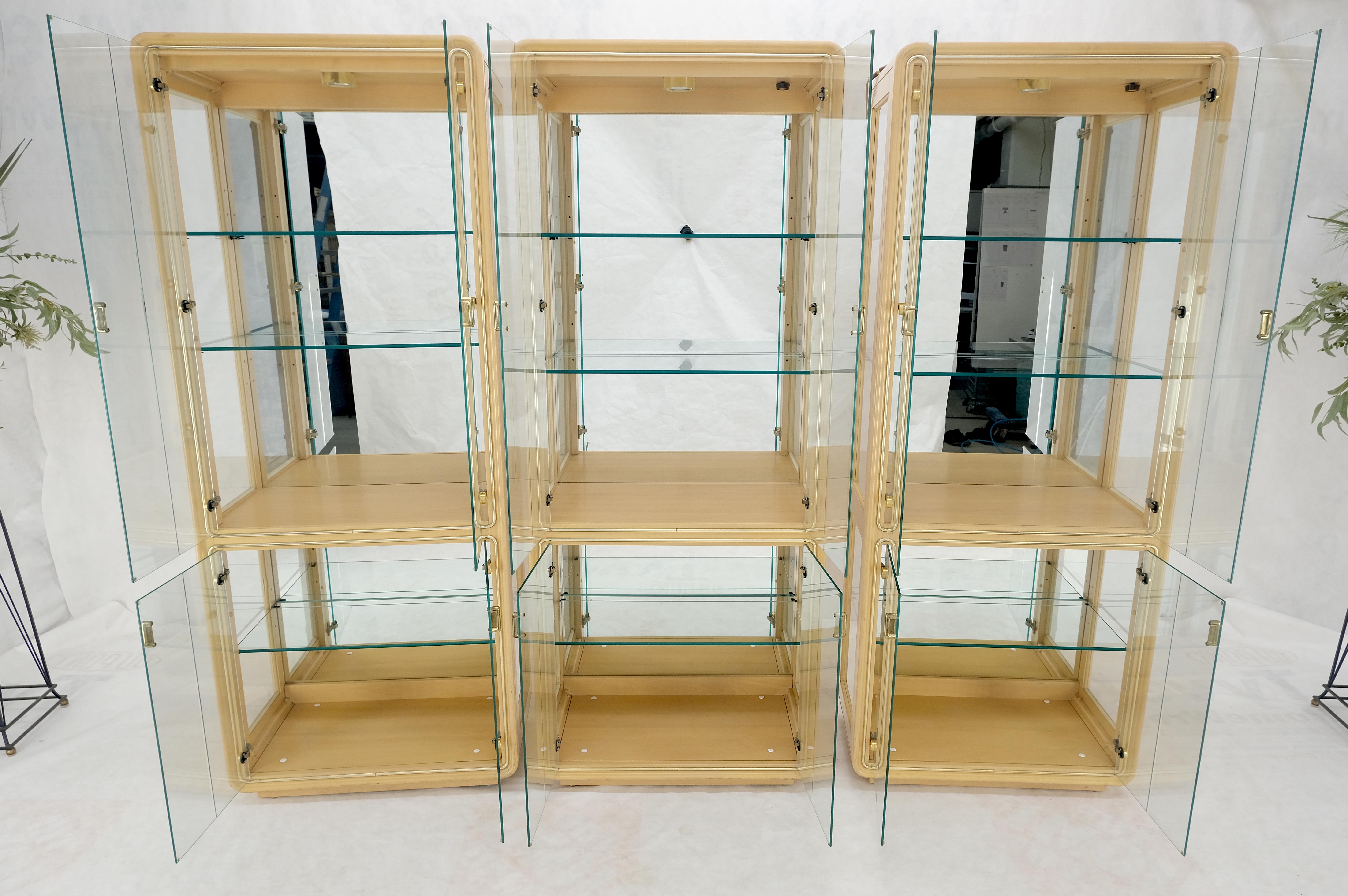 Italian 3 Blond Wood Glass Door Curio Cases Display Vitrine Cabinet Glass Shelves MINT! For Sale