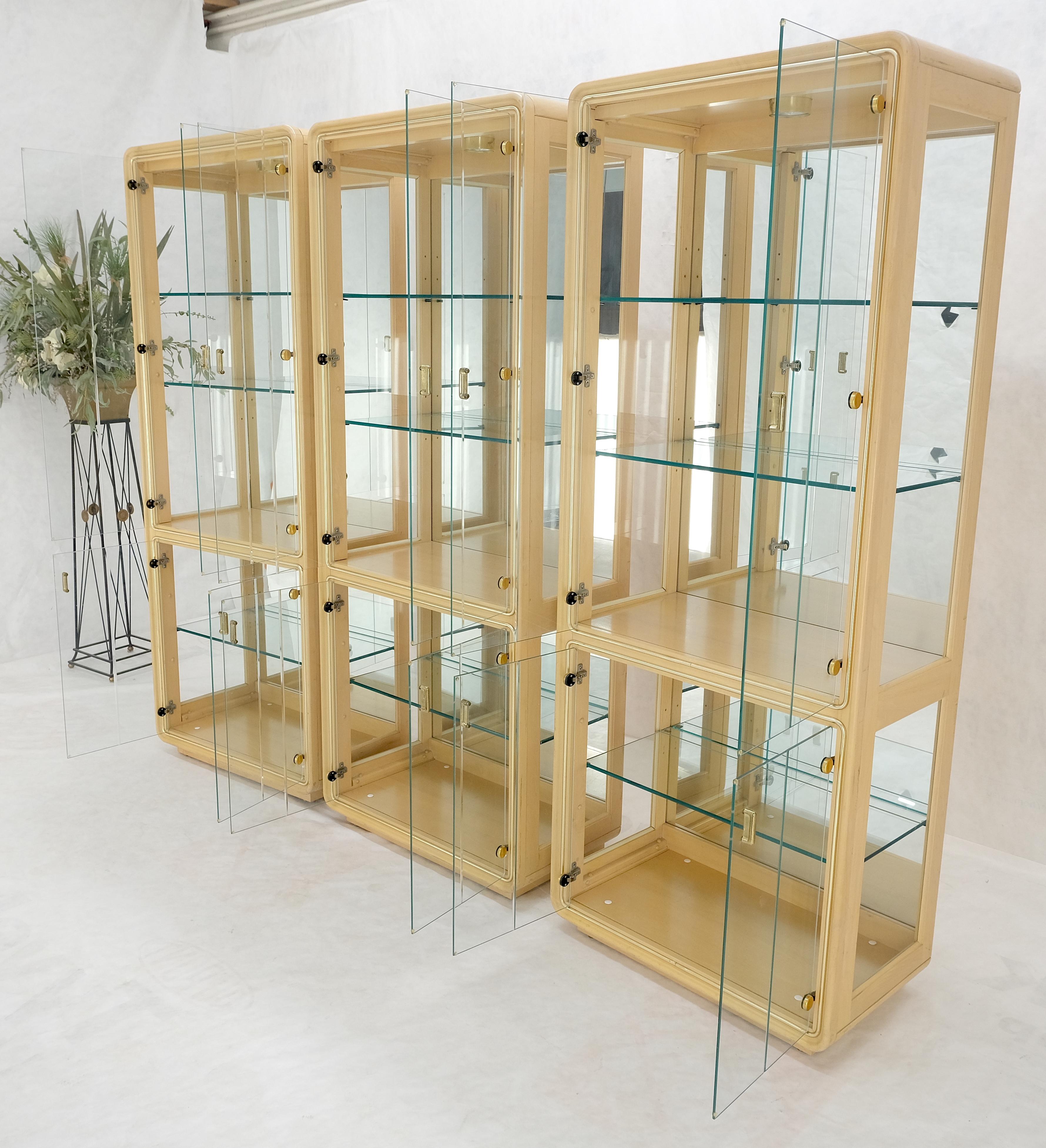 20th Century 3 Blond Wood Glass Door Curio Cases Display Vitrine Cabinet Glass Shelves MINT! For Sale