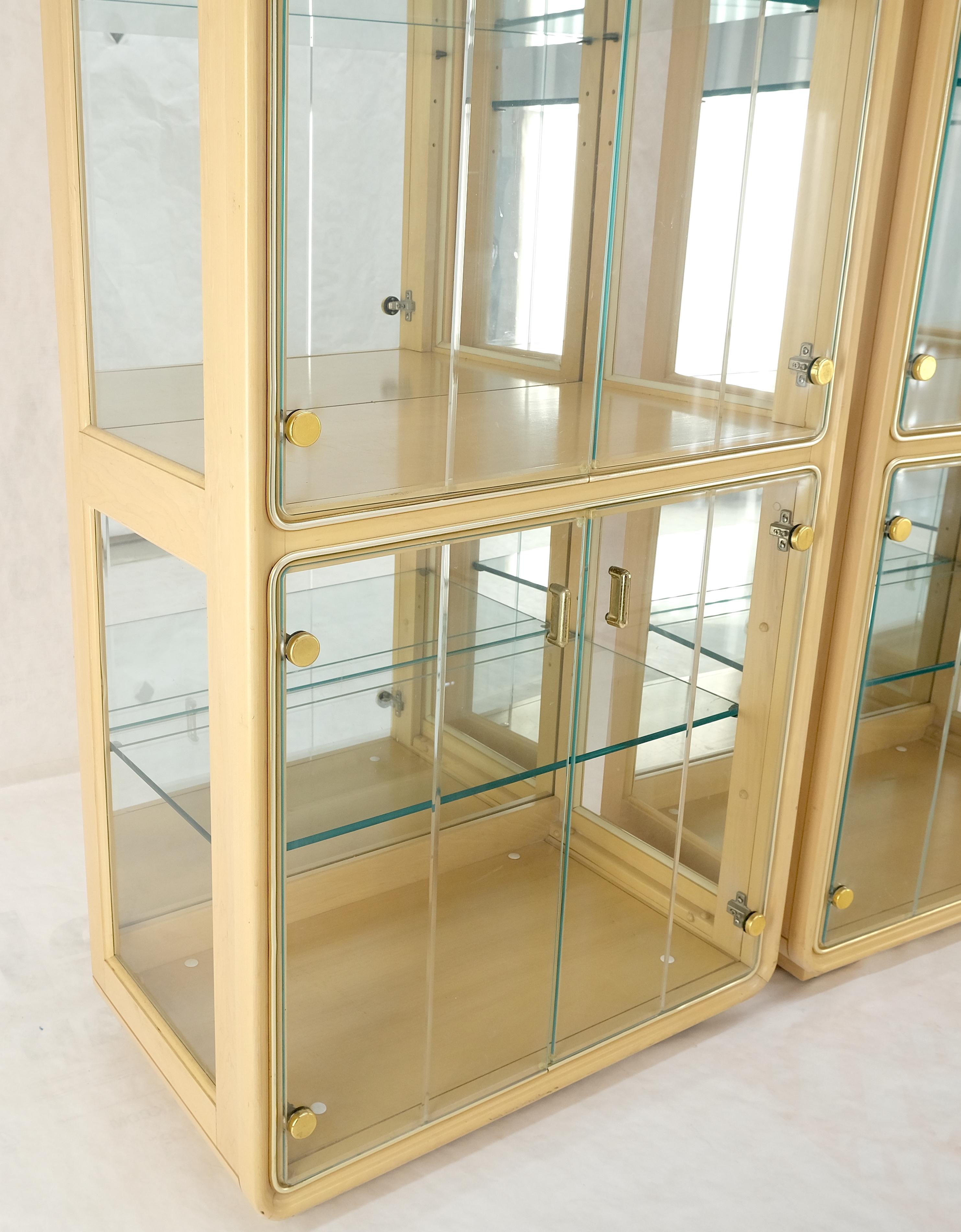 Brass 3 Blond Wood Glass Door Curio Cases Display Vitrine Cabinet Glass Shelves MINT! For Sale