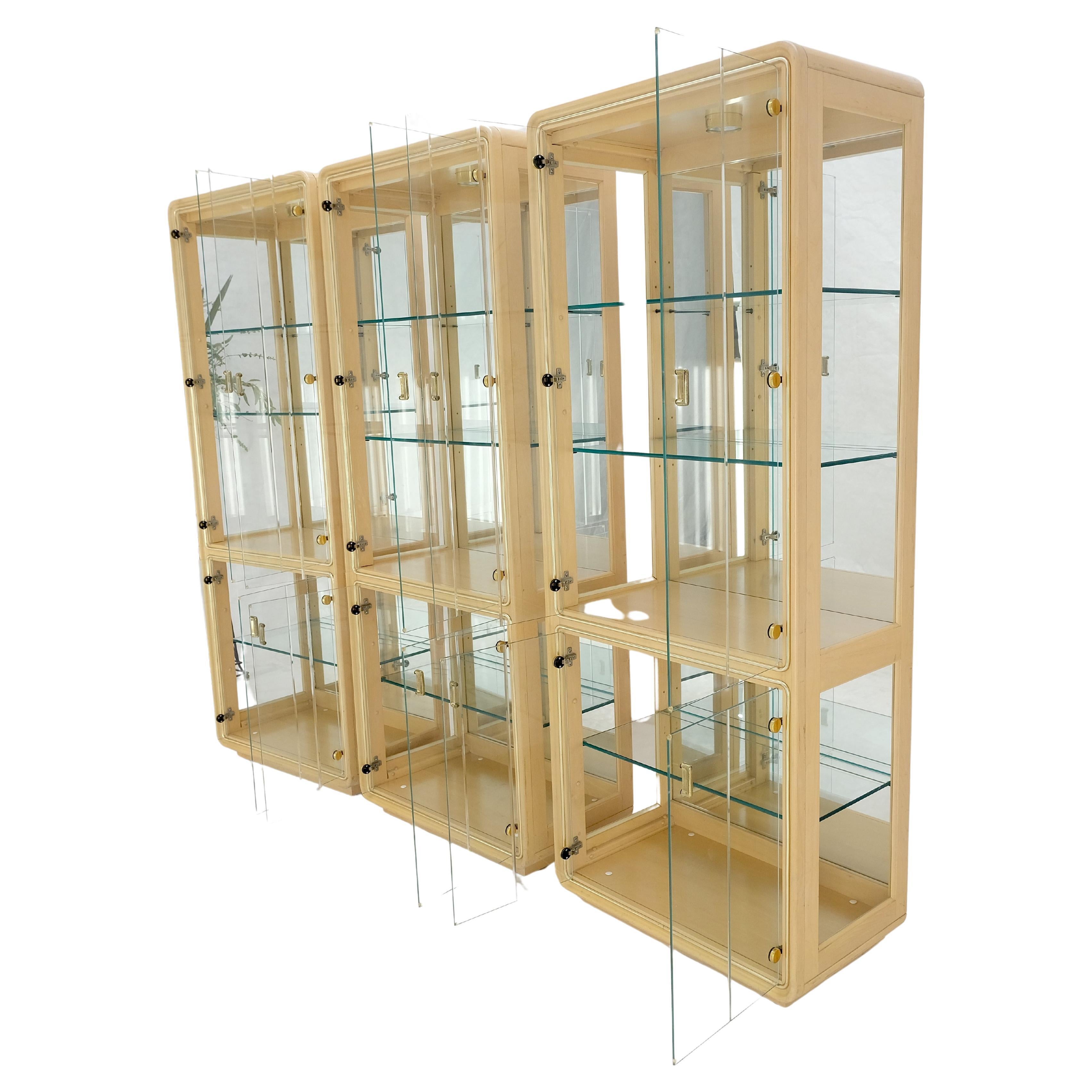 3 Blond Wood Glass Door Curio Cases Display Vitrine Cabinet Glass Shelves MINT! For Sale
