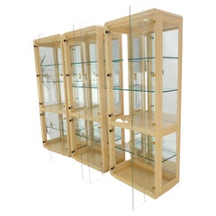 Used 3 Blond Wood Glass Door Curio Cases Display Vitrine Cabinet Glass Shelves MINT!
