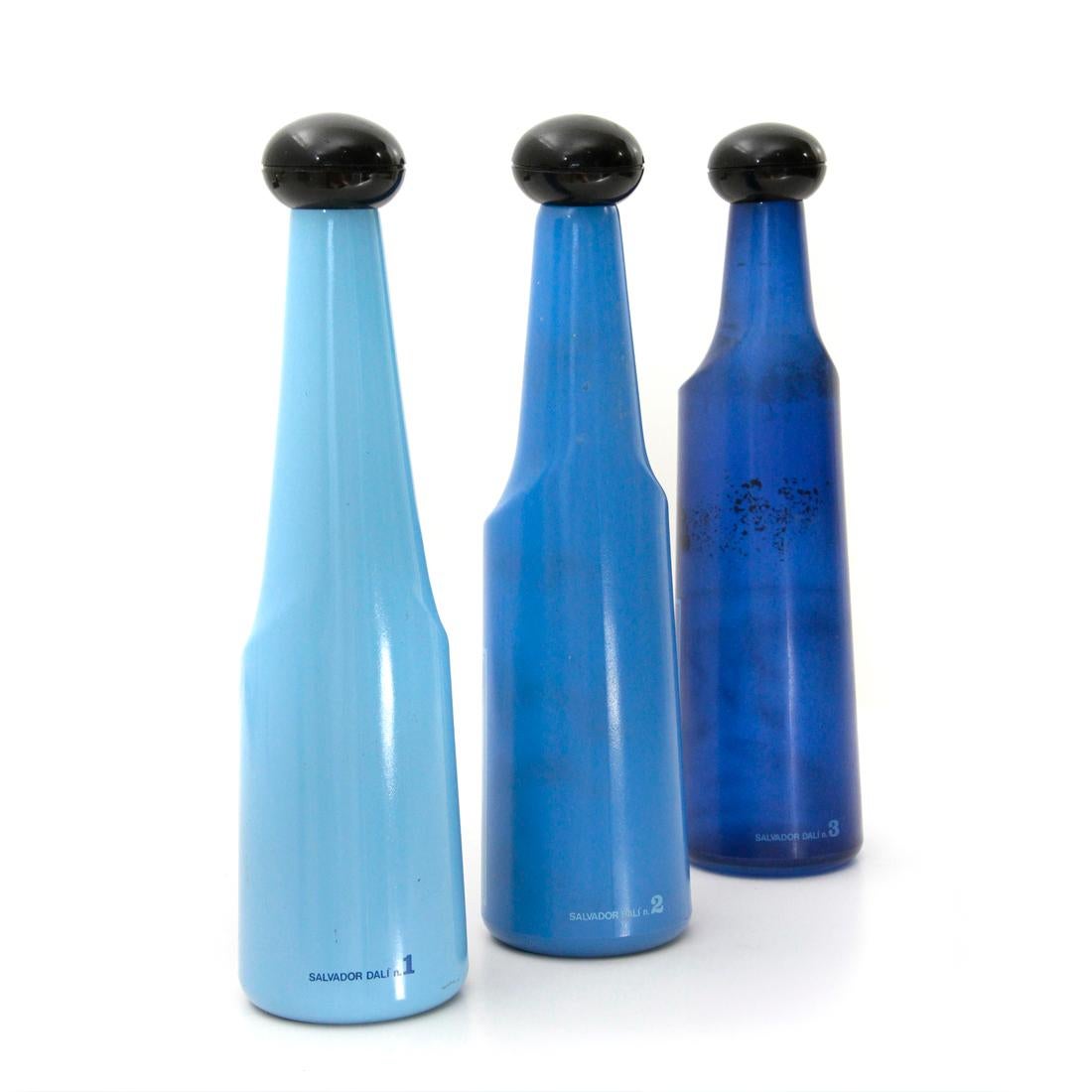 Italian 3 Blue Glass Bottles by Salvador Dalì for Rosso Antico, 1970s
