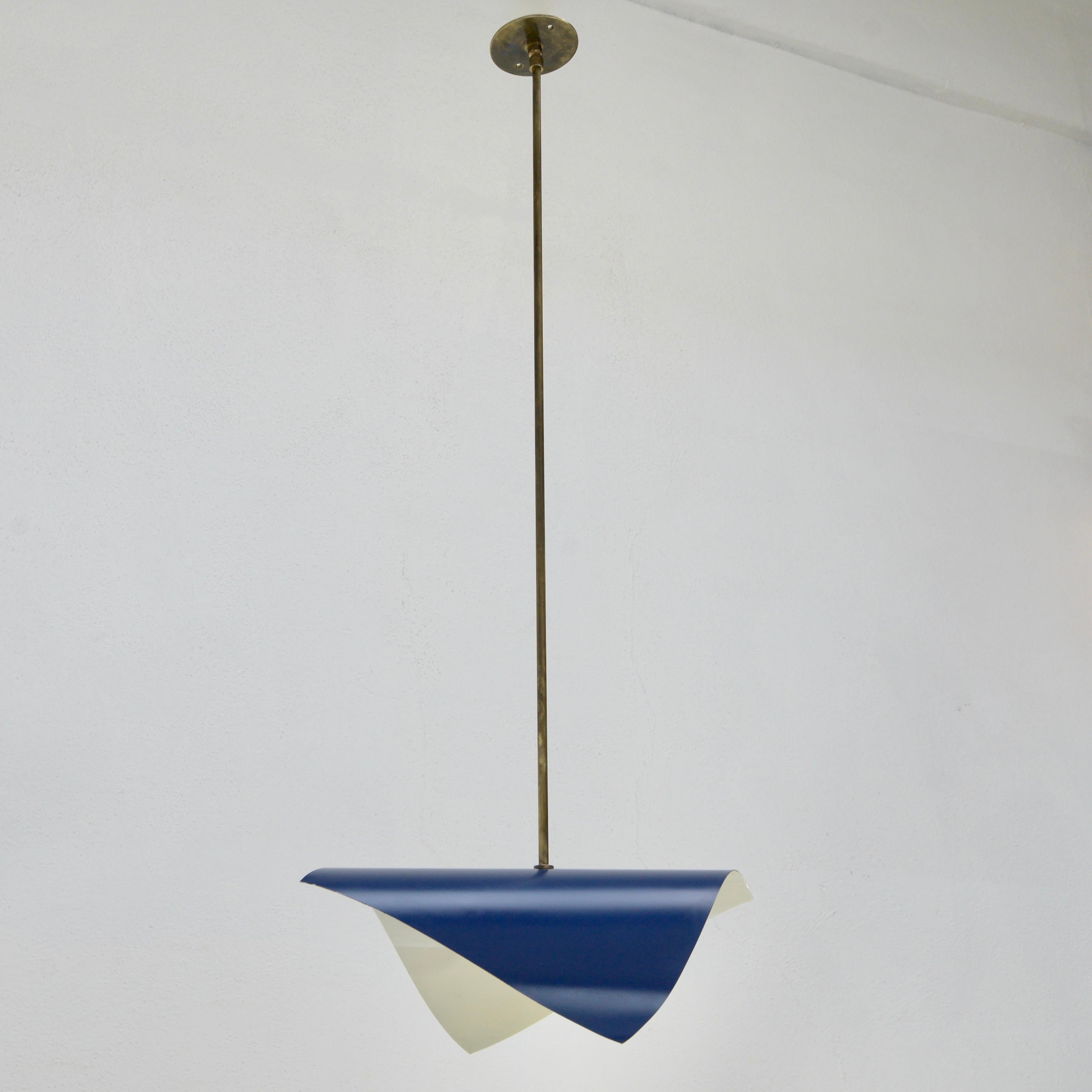 (3) Wonderful steel and brass blue Italian folding pendants. Partially restored, midcentury pendants from Italy. With 1-E26 medium based socket each pendant and wired for use in the US. Light bulb(s) included with order. Priced